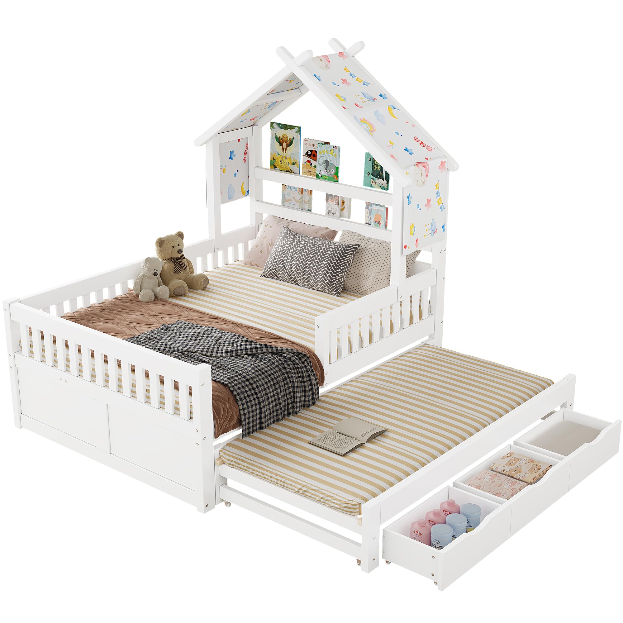 Soweiz Letto per bambini con protezione anticaduta, letto estraibile e scatole portaoggetti, in legno, 140 x 200 cm, letto per la casa dei bambini, letto stabile con design a tetto (bianco)