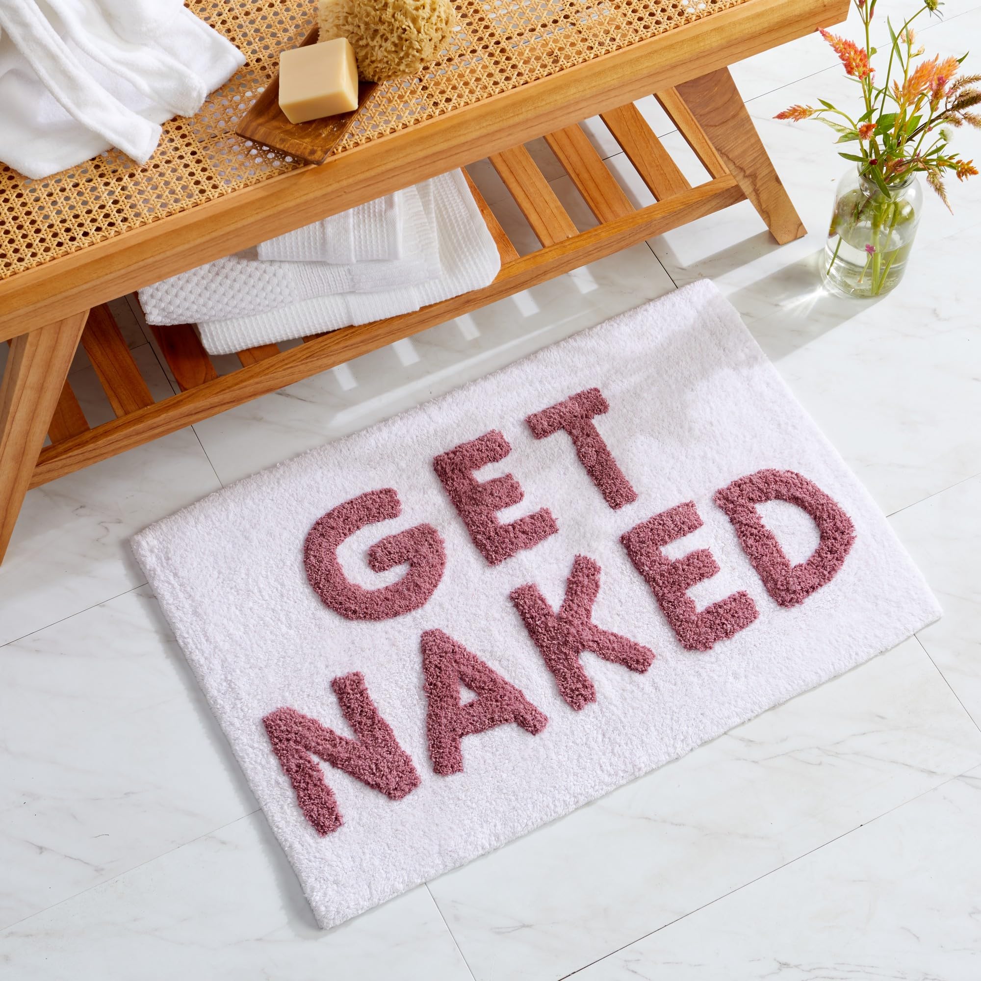 Market & Place Get Naked Bath Rug, Cute Bathroom Mat, Funny Bathroom Decor for Tub and Shower, Cotton Tufted Absorbent Bath Rugs, 20" x 30", White and