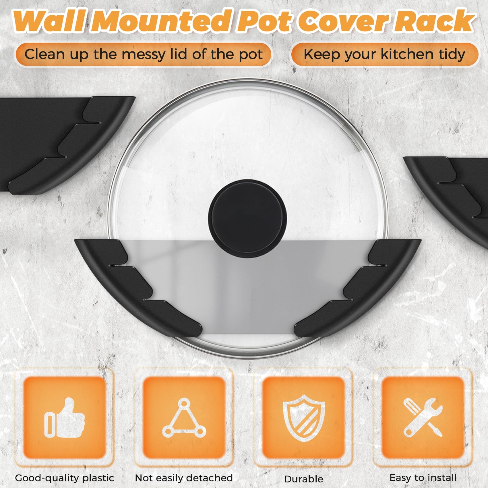 6 tapas de pared para ollas, soporte autoadhesivo para tapa de cocina para puerta de armario, se adapta a ollas y sartenes de 6 a 13 pulgadas, solución de almacenamiento que ahorra espacio (negro)