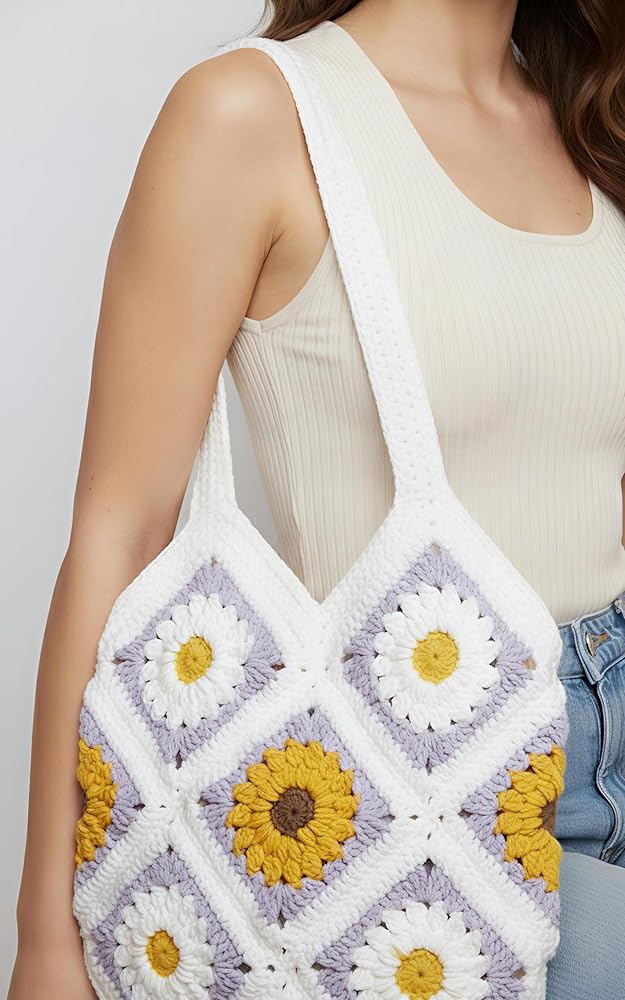 Buy I.F.H Crochet Sunflower Tote Bag Granny Square Sun