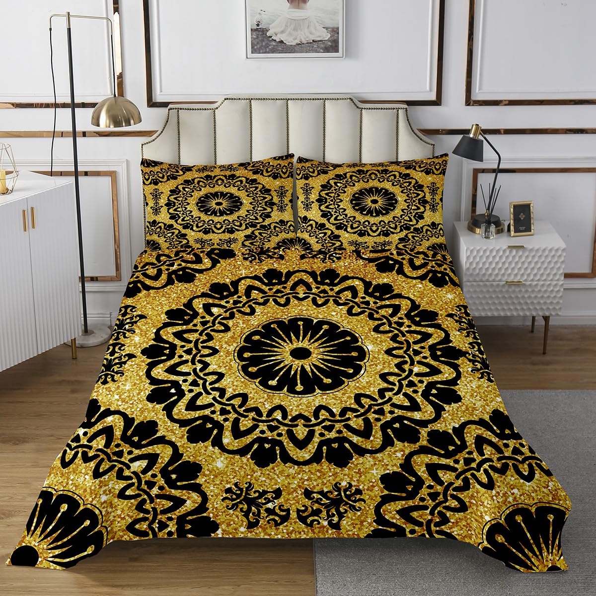 Vintage Baroque Bedspread Twin Size Japanese Cherry Blossom Boho Mandala Flowers Bedding for Kids Teens Bedroom Golden Sequins Glitter Tribal Damask Coverlet Set Quilt Set for All Season,2 Pcs