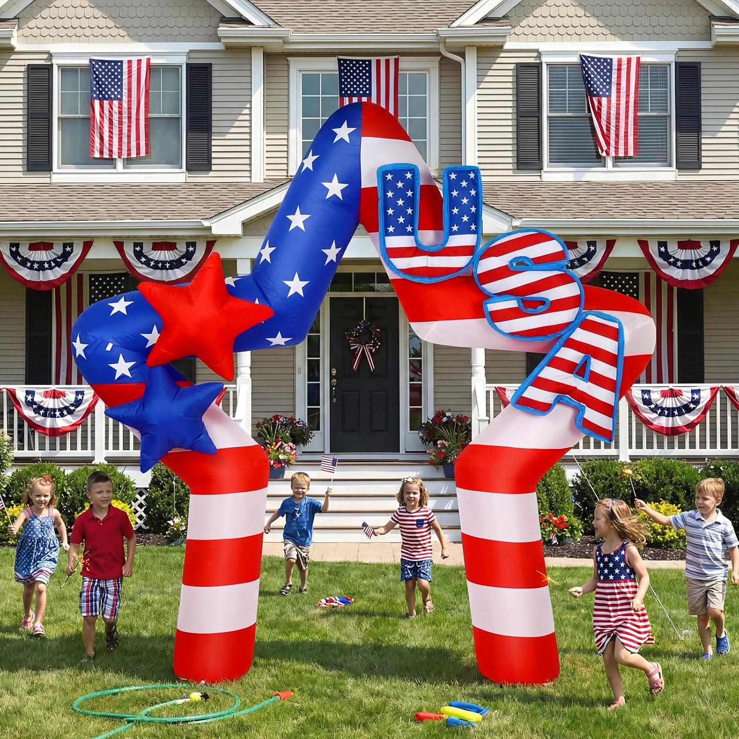 8ft 4th of July Inflatable Arch 250th Anniversary Outdoor Decoration Patriotic Independence Day Blow up USA Red White and Blue Star Arch with LED Light for Memorial Day Party Yard Decor