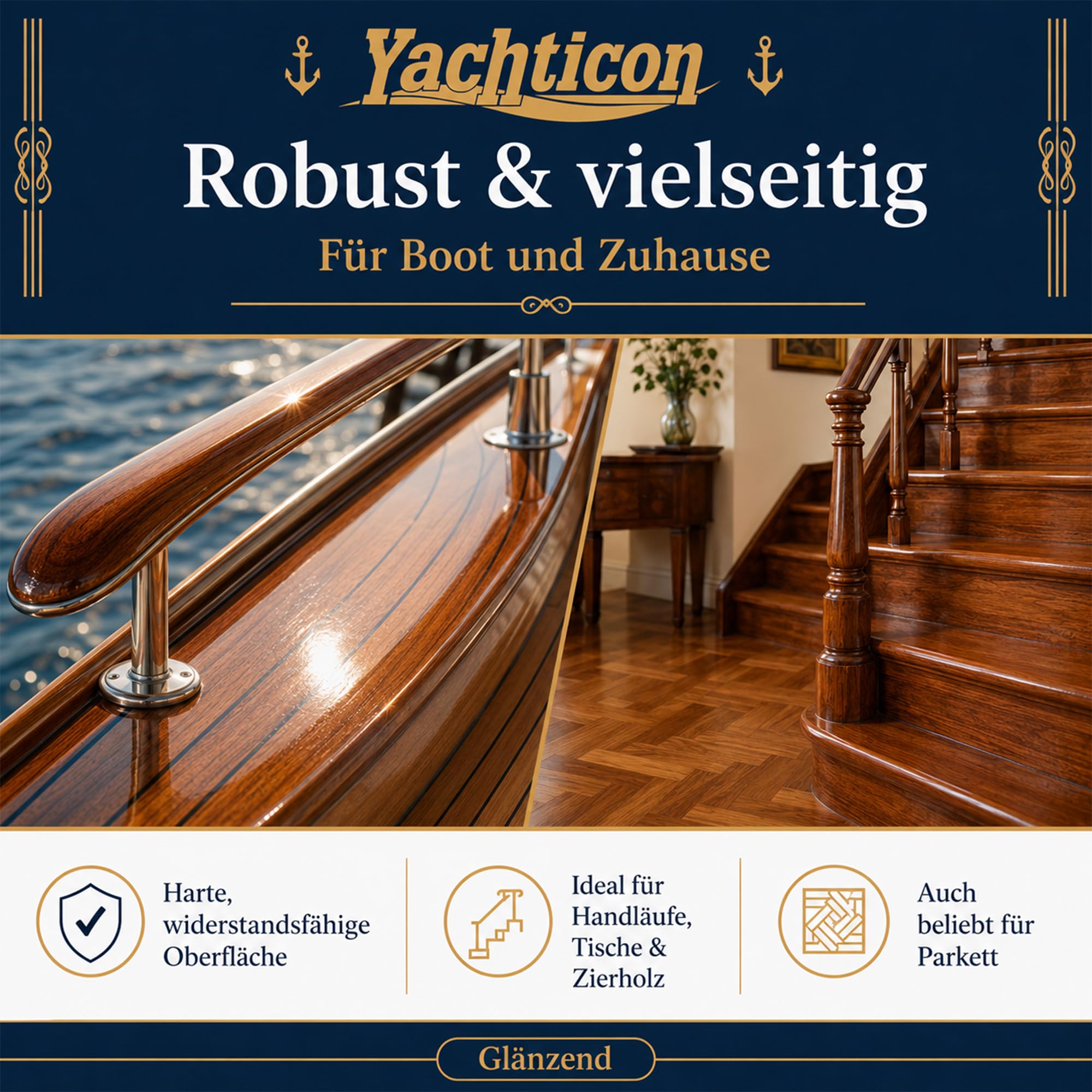 YACHTICON Bootslack 1K Klarlack | Glänzend & Seidenmatt | Premium Holzlack für Boot, Parkett & Möbel | Wetterfest, UV-Stabil & Blockfest | Made in Germany