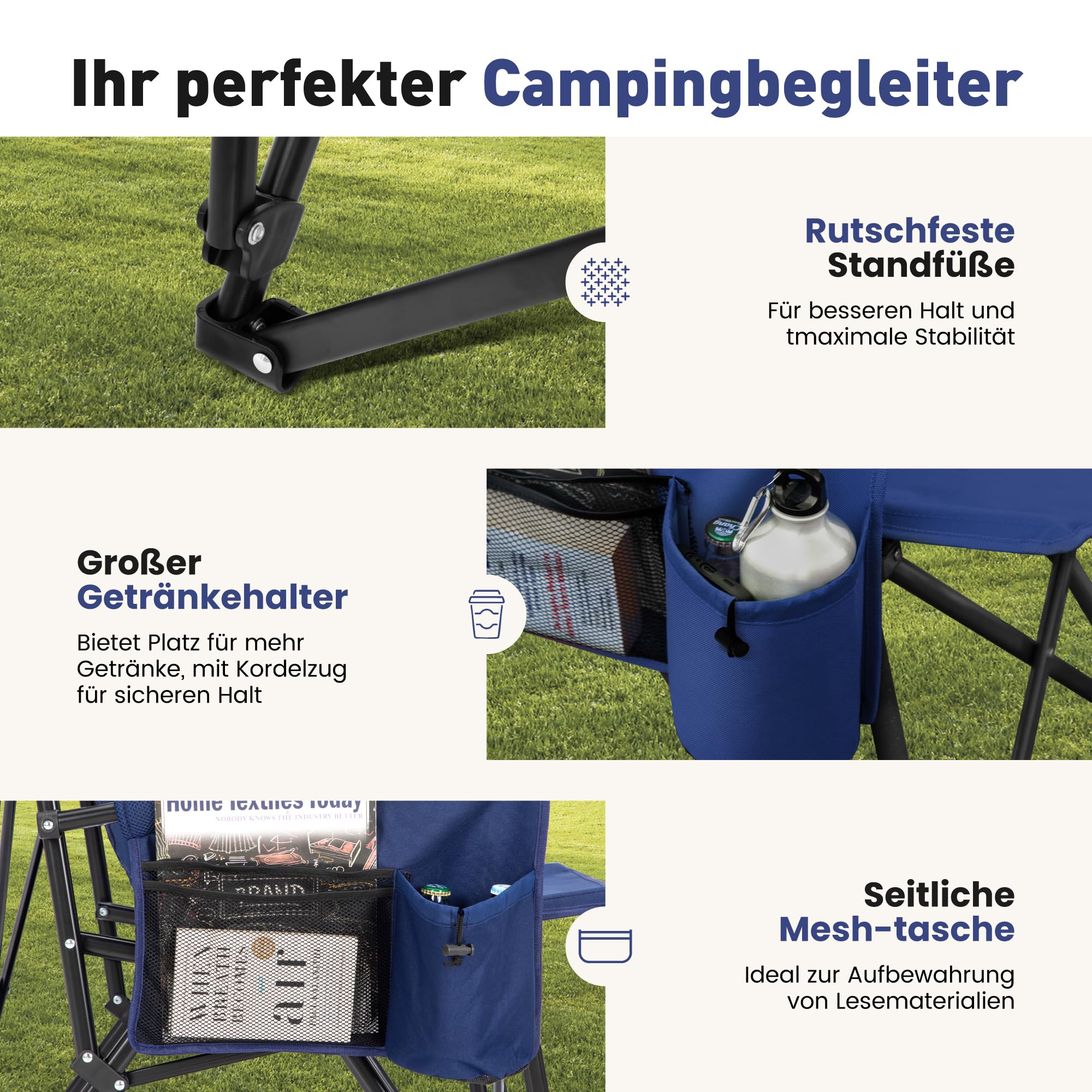 HIGH POINT SPORTS Campingstuhl Faltbar 225kg Klappstuhl Gepolstert Blau | Outdoorstuhl mit Kopfstütze Getränkehaltern Faltbarer Angelstuhl XXL mit Armlehnen