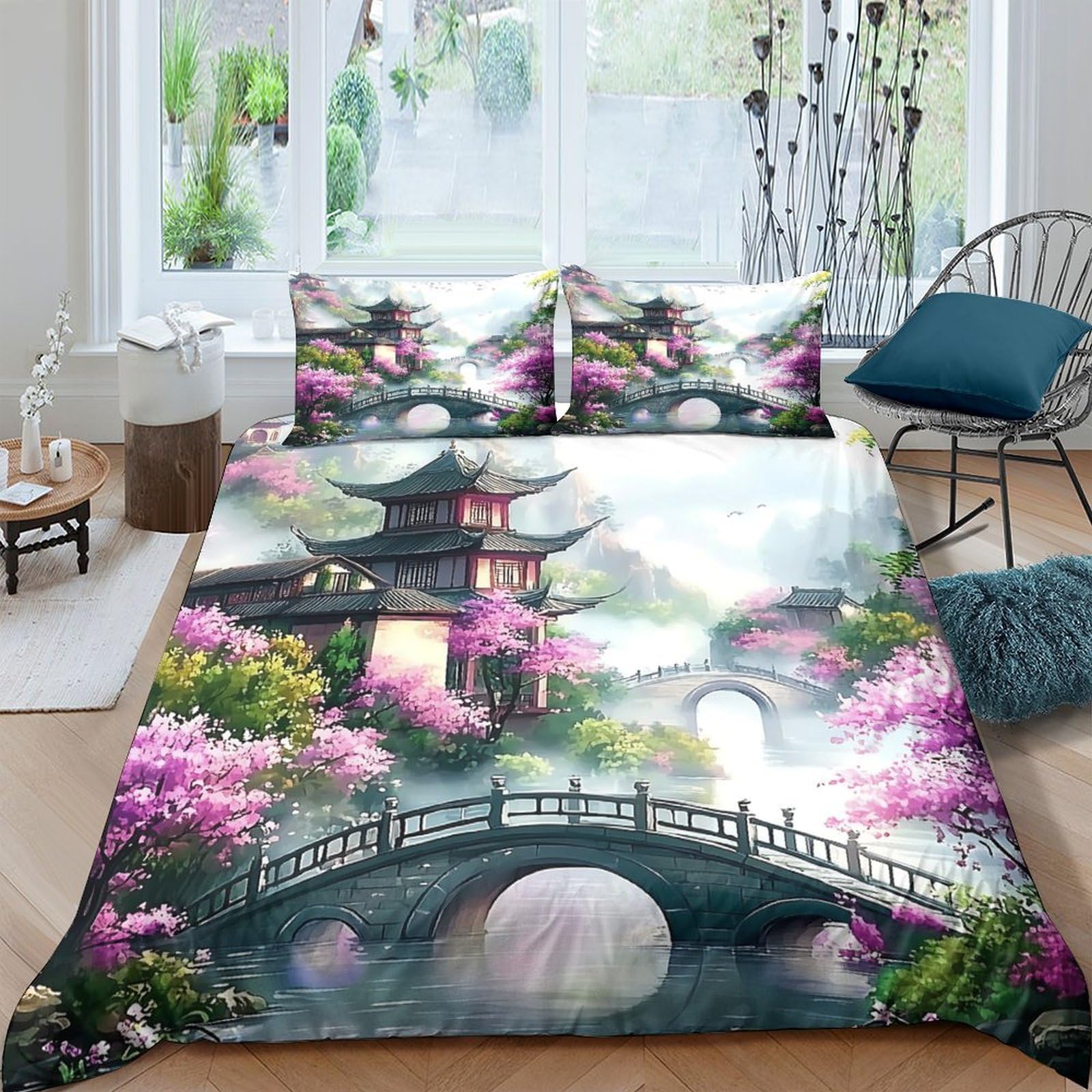 Ctjqhvkz Style-9 3D Printed Sakura Pagoda Fitted Sheet Microfiber Soft Breathable Bridge Landscape Mattress Cover For Bedroom Decor Single（135X200cm）