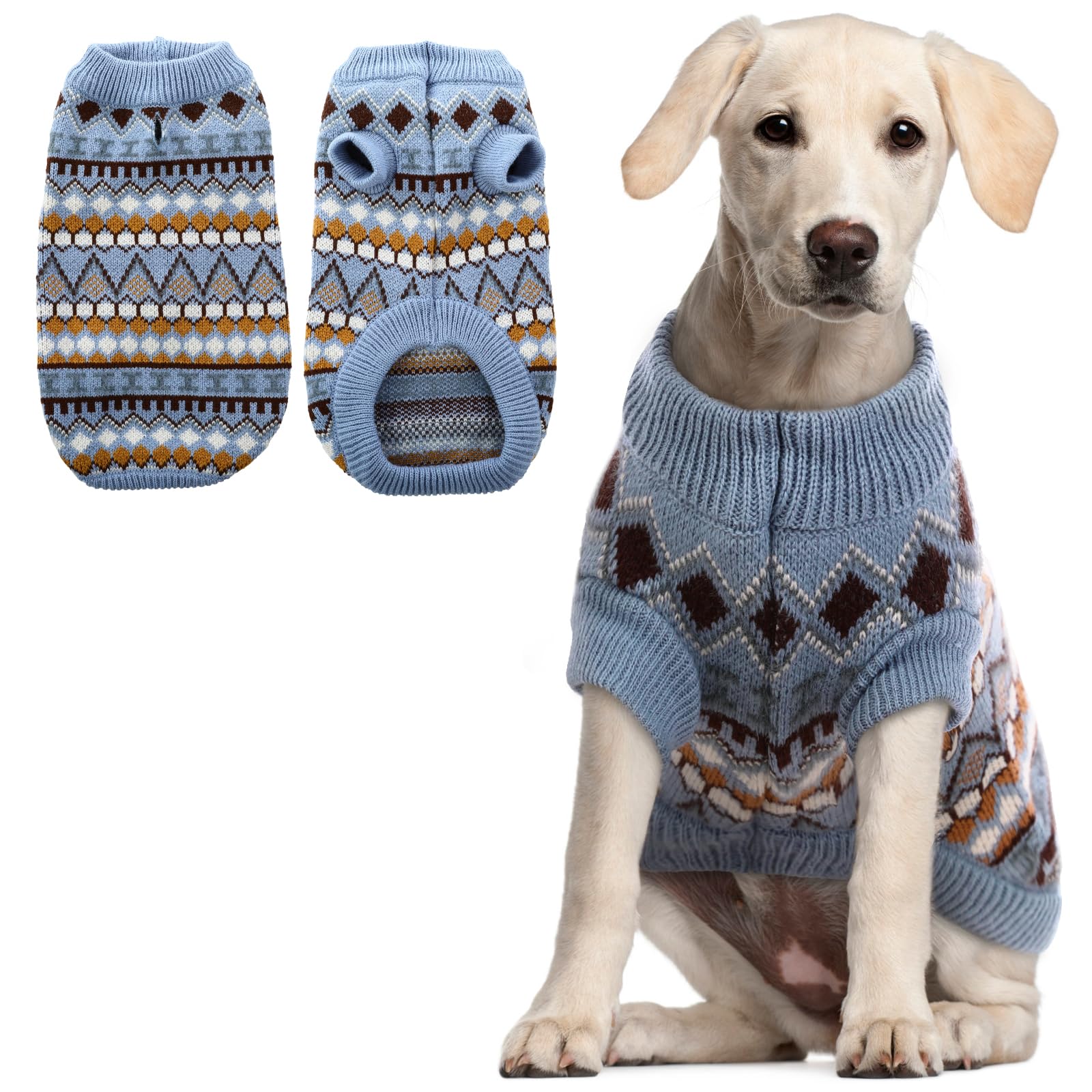 Hjumarayan Boho Dog Jumper for Winter – Warm Knitted Sweater for Small to Large Dogs with Harness Hole, Soft Stretch Pet Clothing for Cold Weather Walks, Blue M