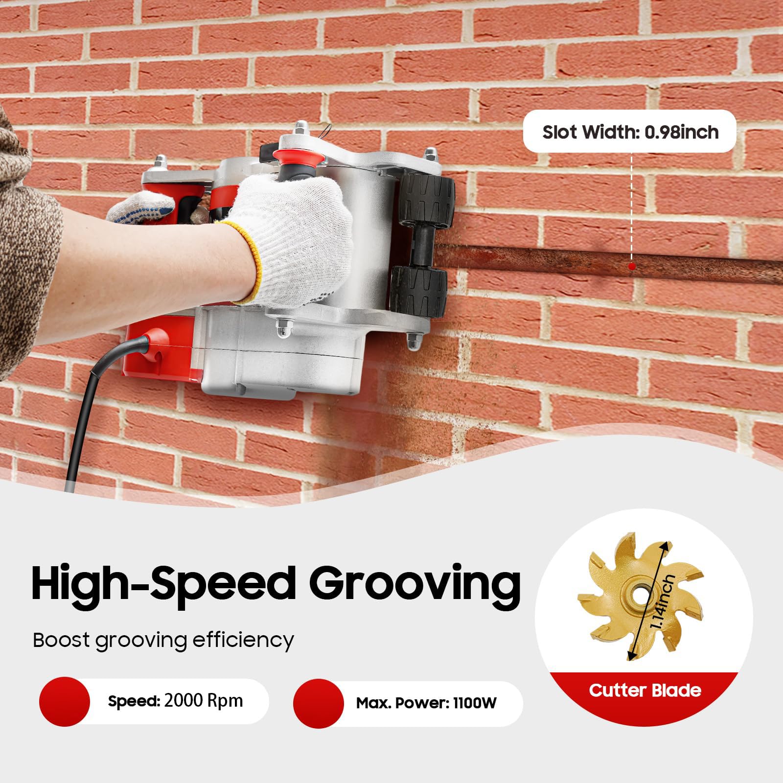 Máquina de corte de ranura de pared, máquina ranuradora eléctrica de 1100 W, 2000 RPM, profundidad ajustable de 0.59 a 1.18 pulgadas, cortador de hormigón manual, para mármol de cemento