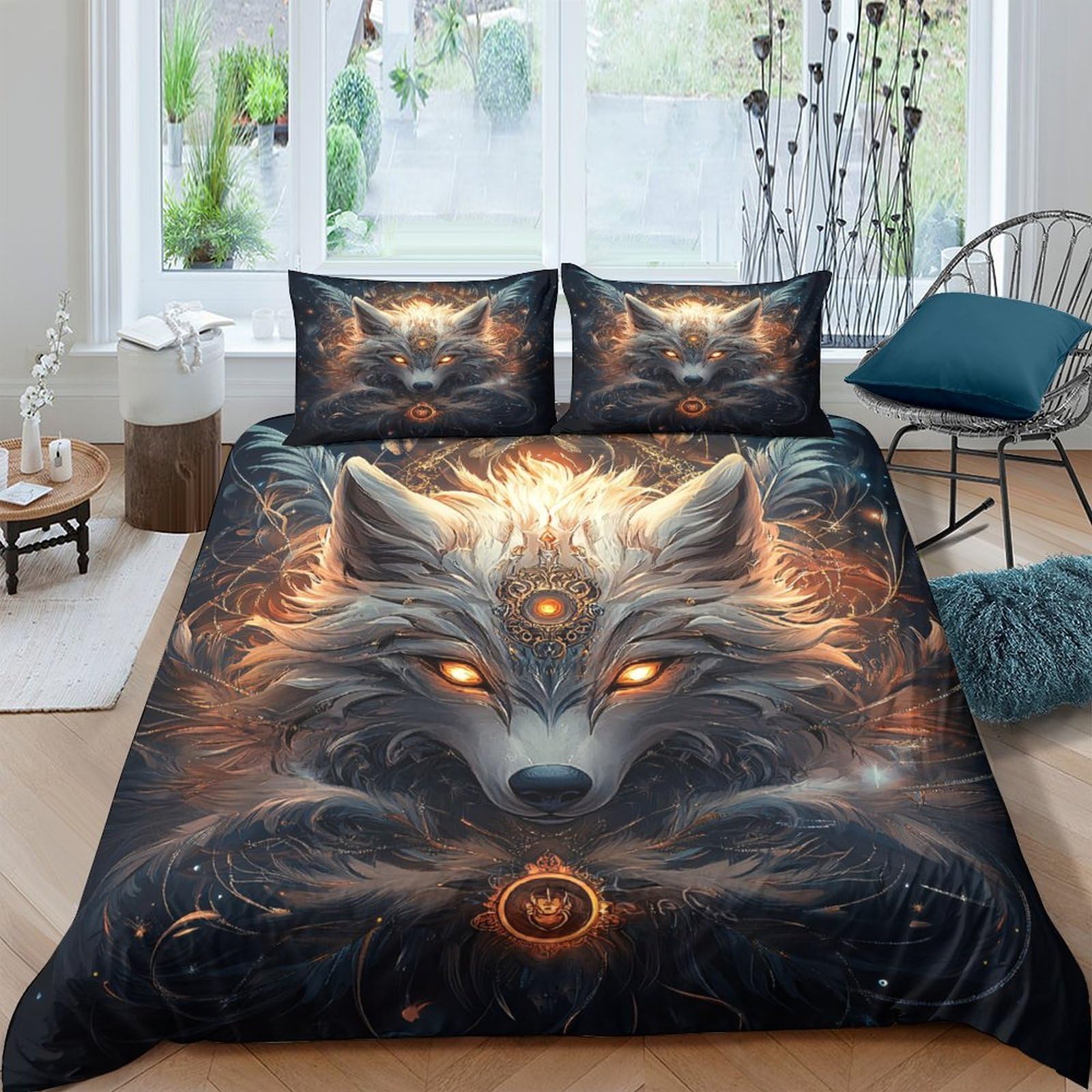 GPLZQXKJNH 3D Printed Mystic Wolf Duvet Cover Set Microfiber Soft Breathable Fire Eyes Bedding with 2 Pillowcases for Bedroom Decor Single（135x200cm）