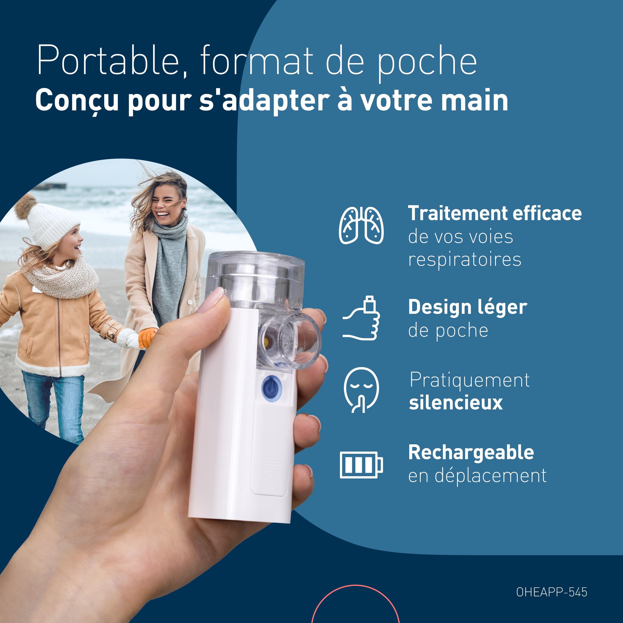 mini Air 360+distribué par OMRON - Nébuliseur portable, inhalateur silencieux pour adultes/enfants, deux tailles de masque et embout buccal, soulagement de la toux/du rhume, rechargeable via Micro-USB