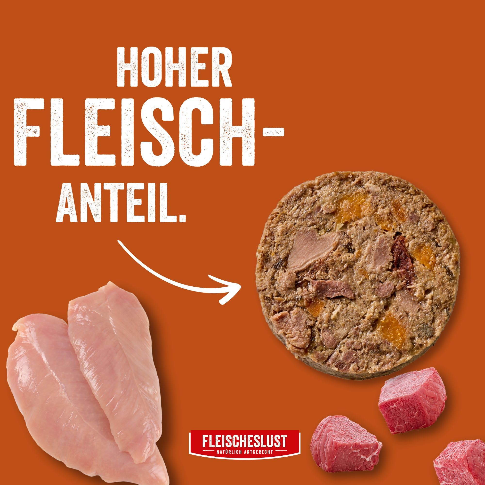 Fleischeslust Kiełbasa dla psów, starszy kurczak i wołowina ze słodkimi ziemniakami, dziką różą i miłorząbem | pudełko na karmę (6 x 800 g) | mokra karma | odporna na przecięcie | bez zbóż |