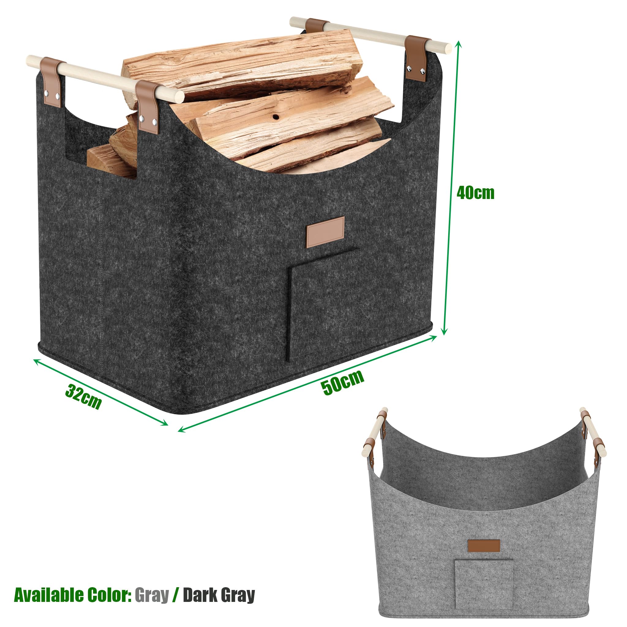4 Stück Groß Filz Holzkörbe 60 Liter Faltbare Einkaufstaschen | Multifunktion Kaminholztasche mit Holzgriff Vliesstoff Aufbewahrung Tasche bis 40KG für Brennholz Einkaufen (Grau)