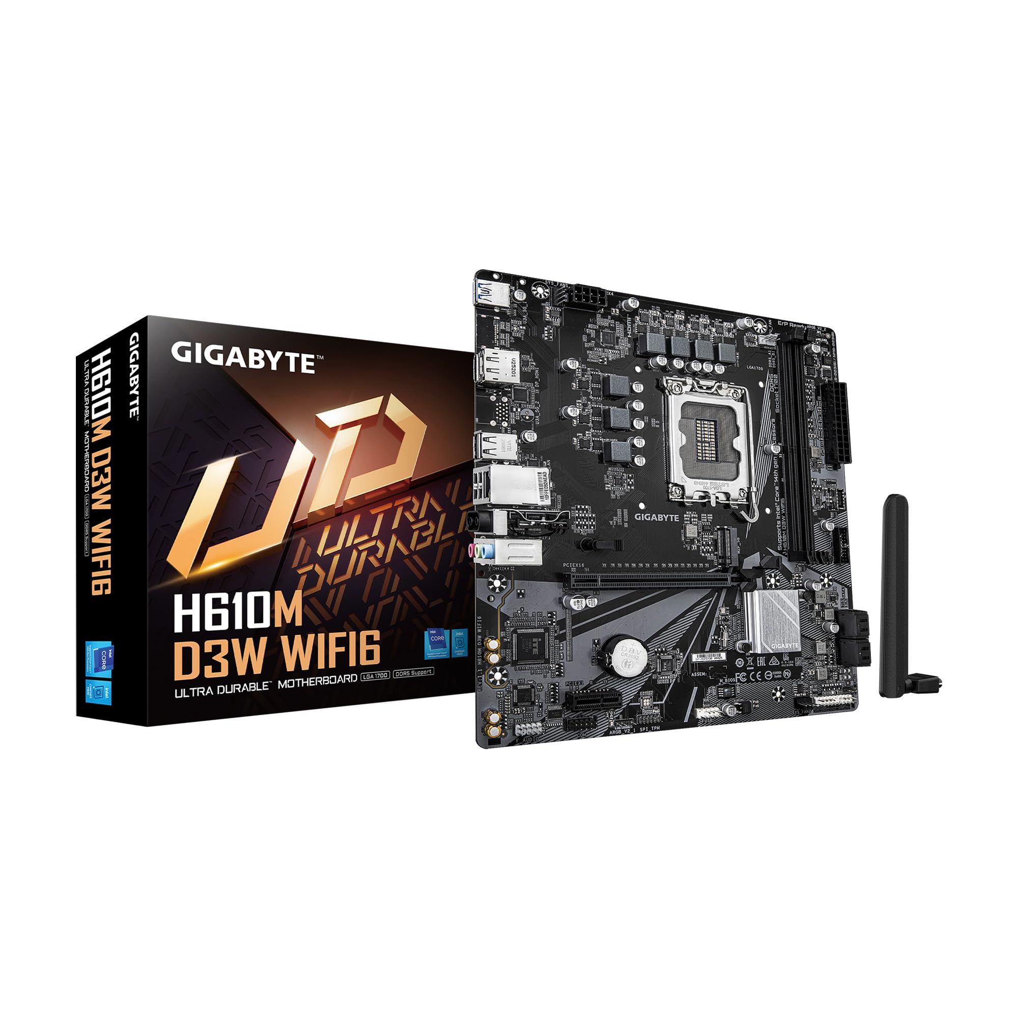 GIGABYTE Placa Base H610M D3W WIFI6 Intel LGA 1700 Micro ATX, soporta procesadores Intel de 14ª/13ª/12ª generación, Fase de alimentación 5+1+1, DDR5, 1x M.2, PCIe 4.0 x16, USB 3.2 Gen 1, WIFI6, GbE