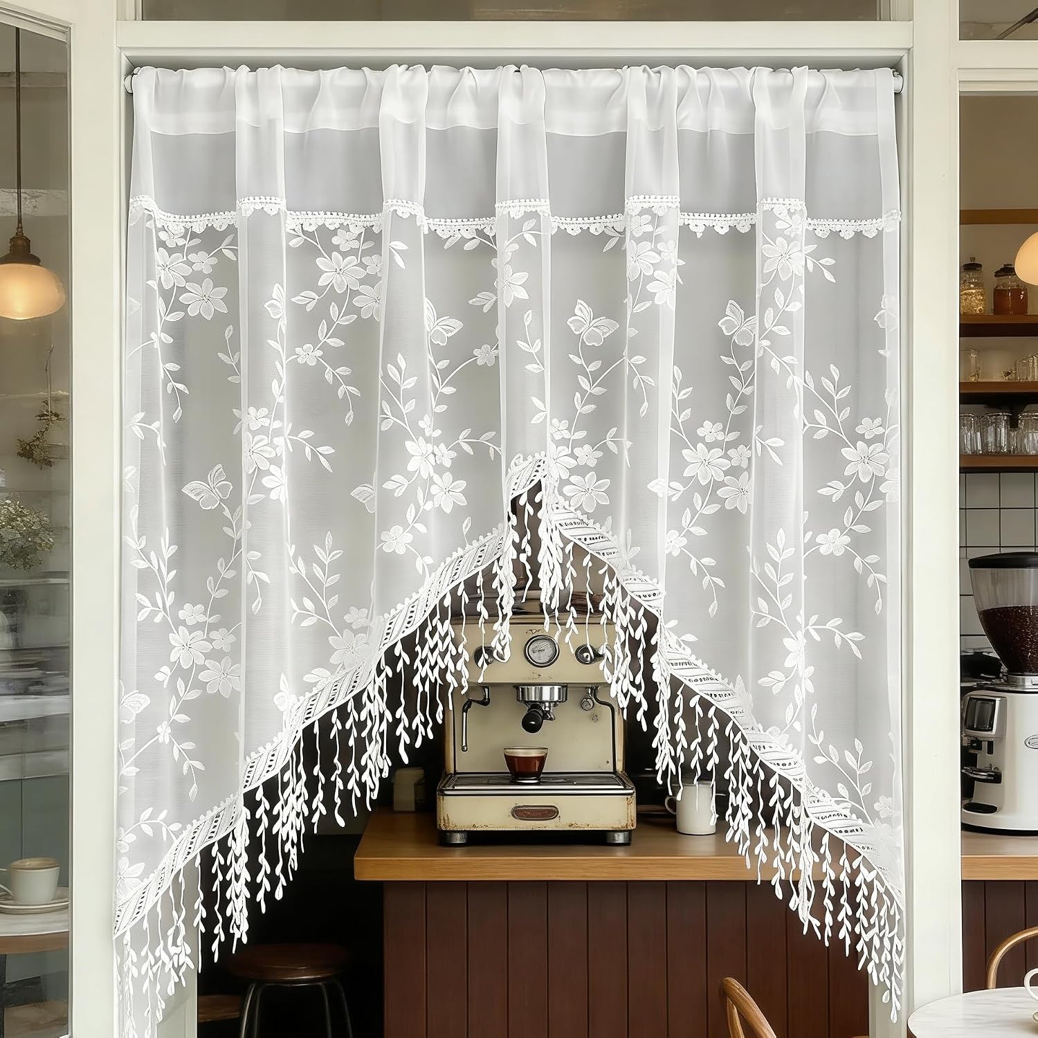 1 Panel Luxury White Floral Sheer Arched Valance with Tassels for Doorway