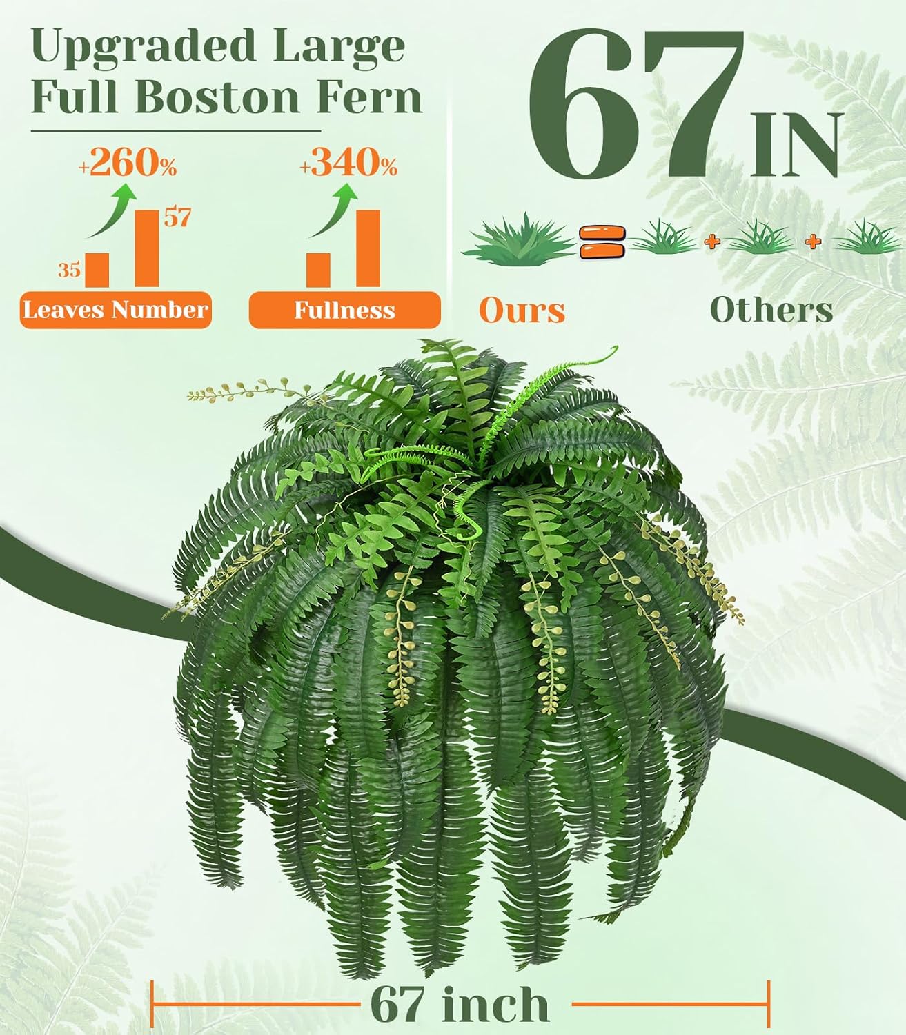Livole 2 Pcs 67" Fake Ferns Large Artificial Plants Outdoor, Artificial Ferns for Outdoors Large Faux Boston Fern with 57 Branches Realistic UV Resistant for Planter Home Garden Porch Hanging Decor