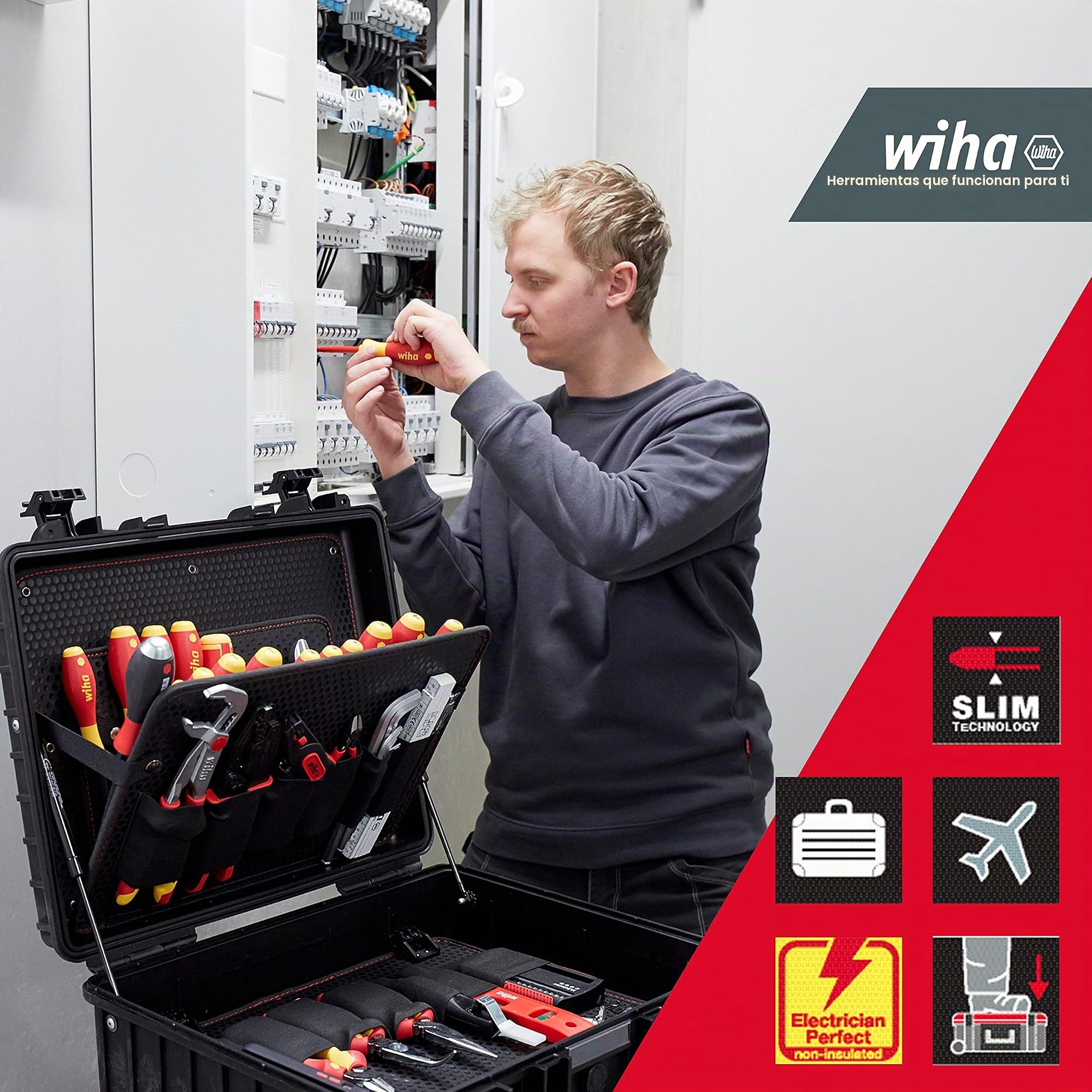 Wiha Juego de herramientas para electricistas Competence XL en surtido, de 83 unid. incl. caja de herramientas (40523) | (40523) Equipamiento completo para el electricista I destornilladores I alicates I crimpadora I medición