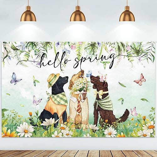 Moukeren Fondo de decoración de primavera con texto en inglés Hello Spring para perros y perros, pancarta floral de poliéster para fotografía de