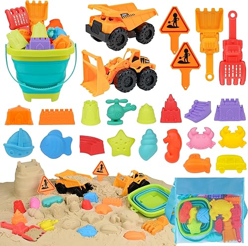 Miniatura 7 de Dreamon Juguetes de playa para niños de 3 a 10 años, juguetes plegables de castillo de arena para la playa incluyen 3 cubos plegables, moldes de