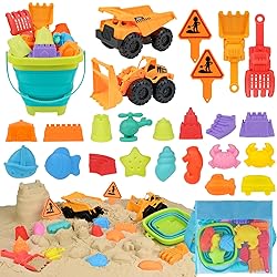 Dreamon Beach Sand Toys for Kids, Sandbox Toys with Collapsible Beach Bucket, 2 Dump Trucks, Mesh Bag, Shovel Sieve, Sand Castle Building Kit, Animal Molds, Travel Beach Toys for Toddler Boys Girls