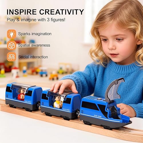 Miniatura 2 de TOPLIVING Tren motorizado para pista de madera, tren eléctrico con conexión magnética, trenes locomotoras a pilas para niños pequeños, compatible