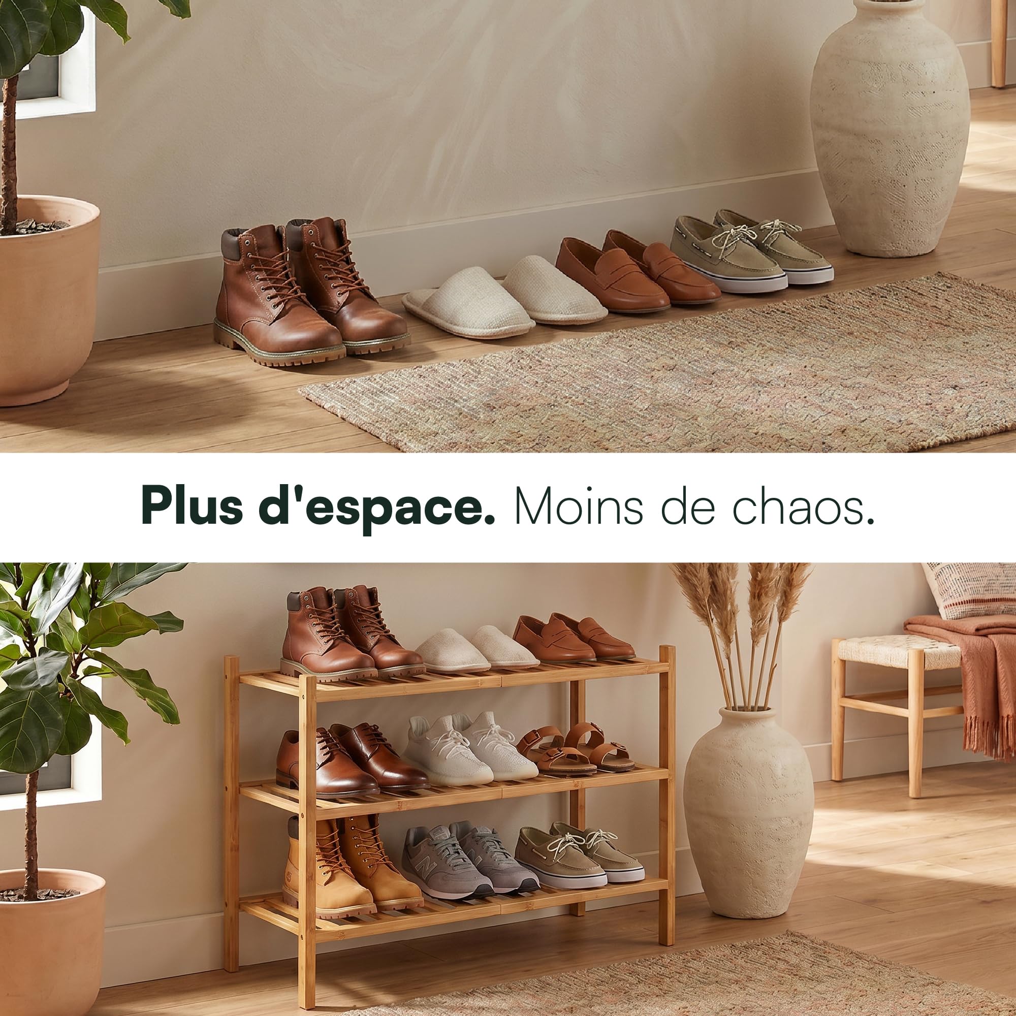 Meuble à Chaussures Entrée - Rangement Chaussures - Étagère Bambou | BAM BOO BOX Étagère à Chaussures 3 Niveaux Bambou – Range Souliers Gain de Place 68x28x46,5 cm – Support Empilable