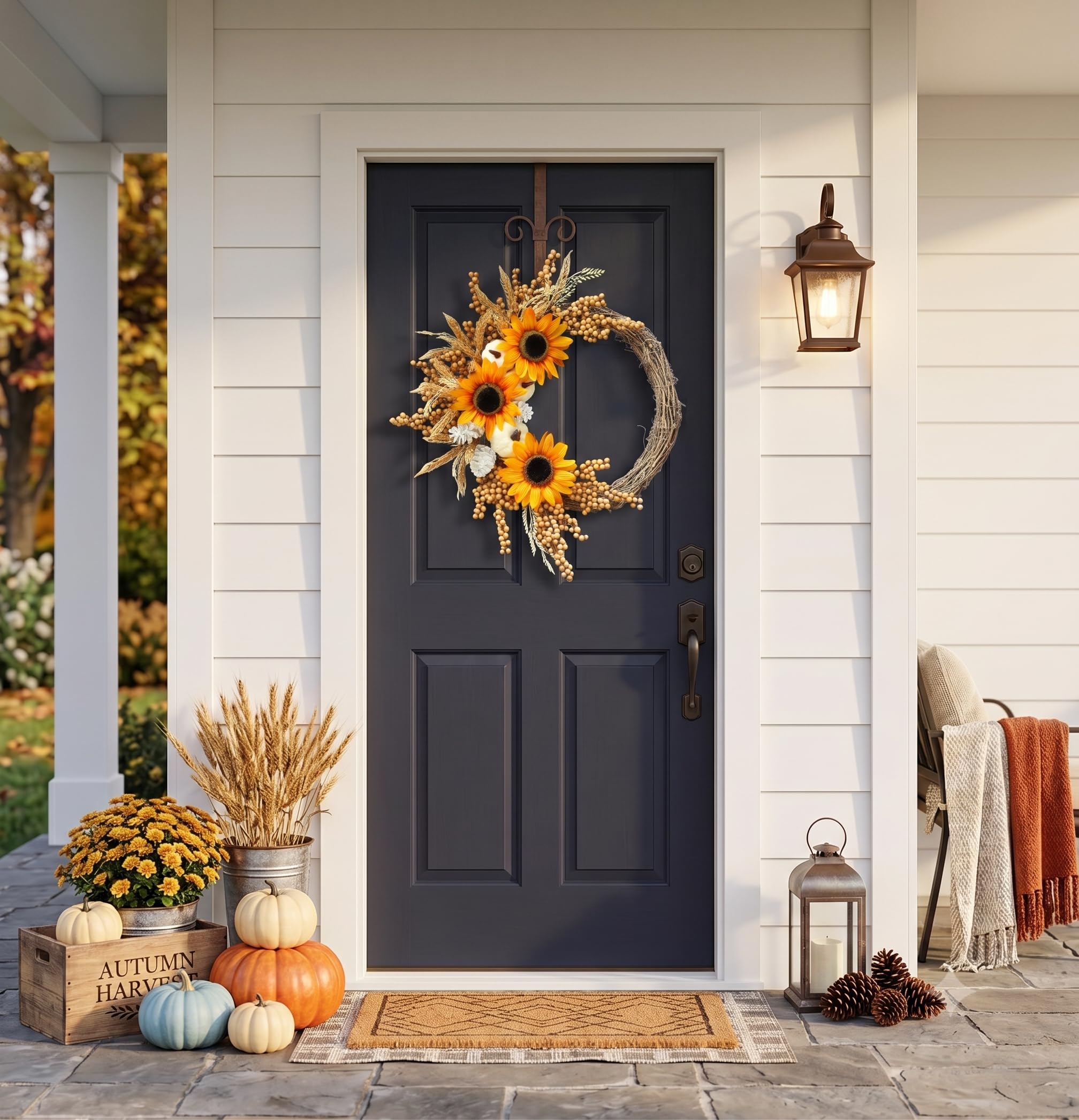 Couronne d'automne de tournesol de 50,8 cm pour porte d'entrée avec | Couronne d'automne artificielle avec pommes de pin pour Thanksgiving, récolte, Halloween, fenêtre, maison, mur, ferme