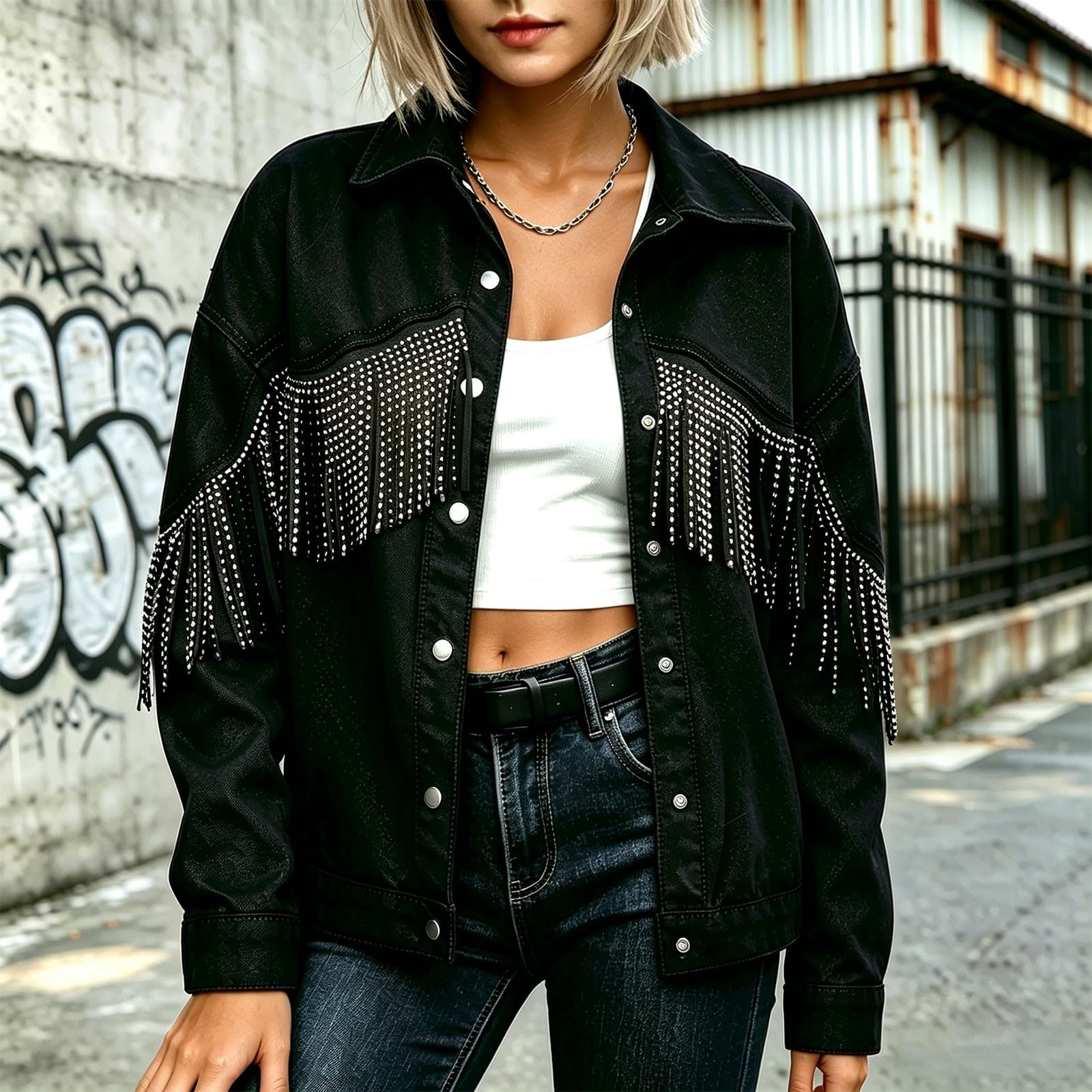Generisch Chaqueta vaquera para mujer, diseño de solapa, para tiempo libre