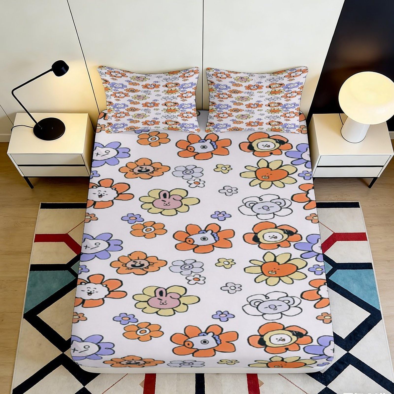 Qjzxknhpgr Style-3 3D Printed Cartoon Floral Fitted Sheet Microfiber Orange Purple Animal Bed Cover Non-Slip Washable For Bedroom Guest Room 90X200x25cm