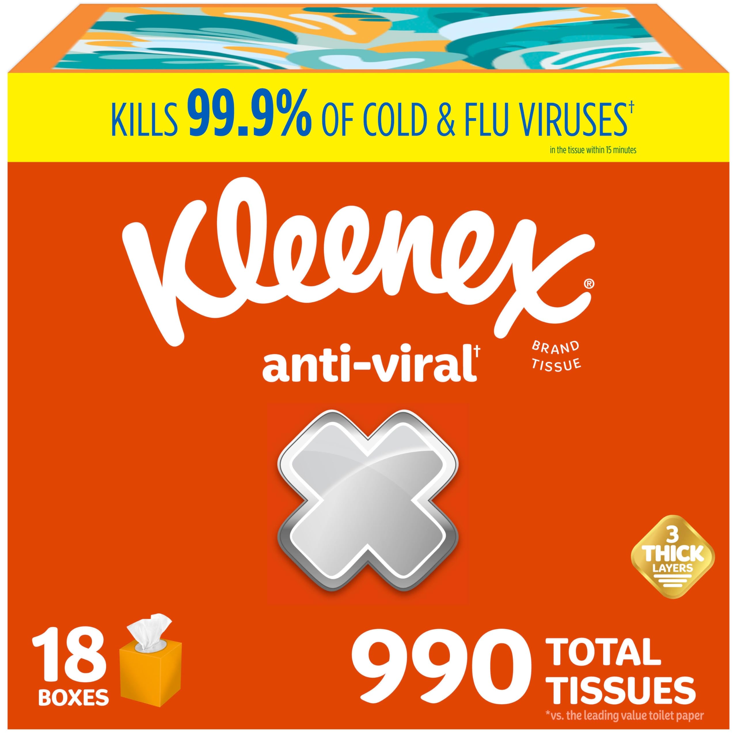 KleenexAnti-Viral Facial Tissues, Classroom or Office Tissue, 18 Cube Boxes, 55 Tissues per Box, 3-Ply (990 Total Tissues)