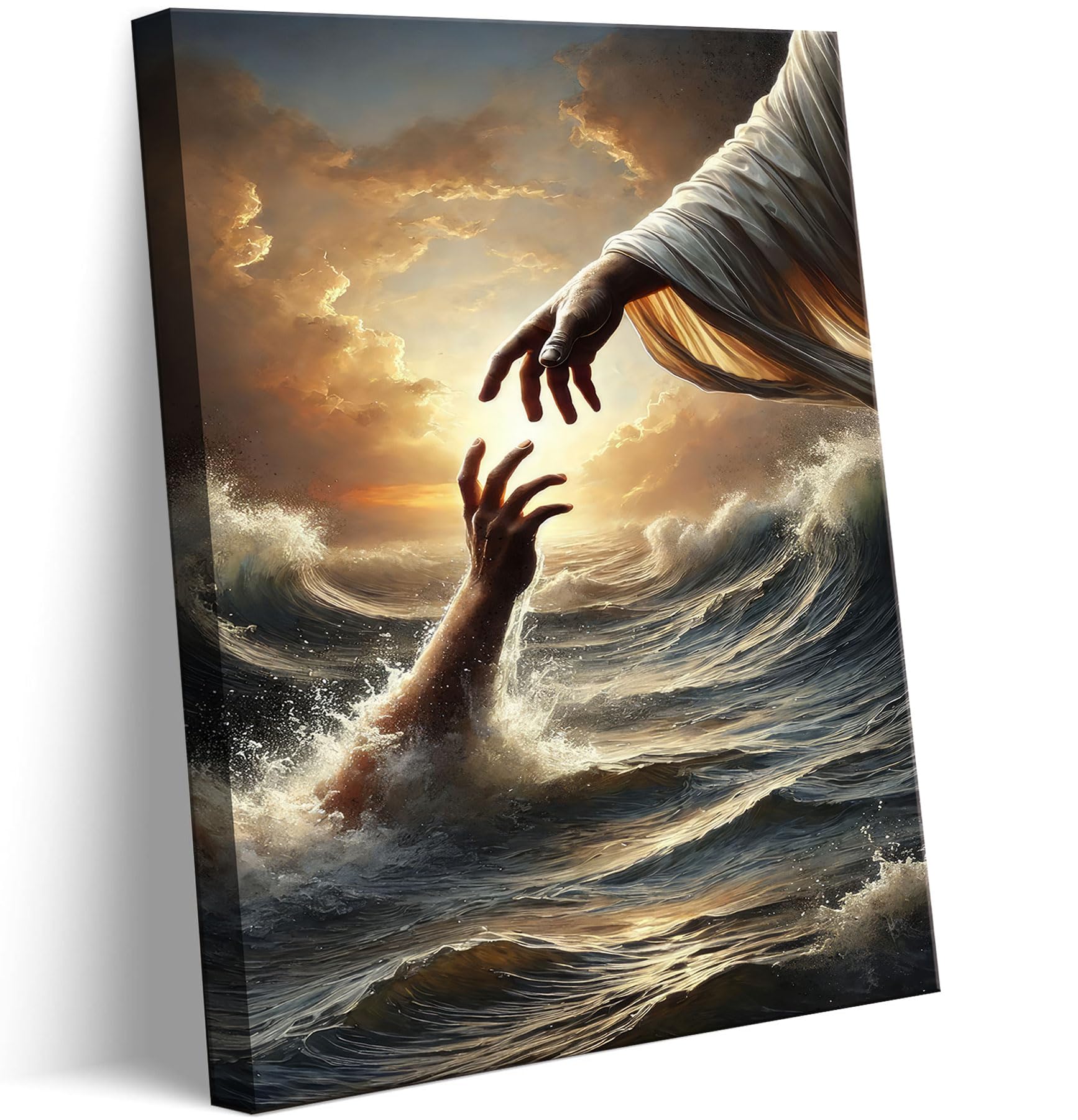 Jesus Canvas Wall Art The Hand Of God Divine Rescue At Sea Painting Pictures Wall Decor ChristianJesus Hand Reaching Poster Prints for Prayer Room