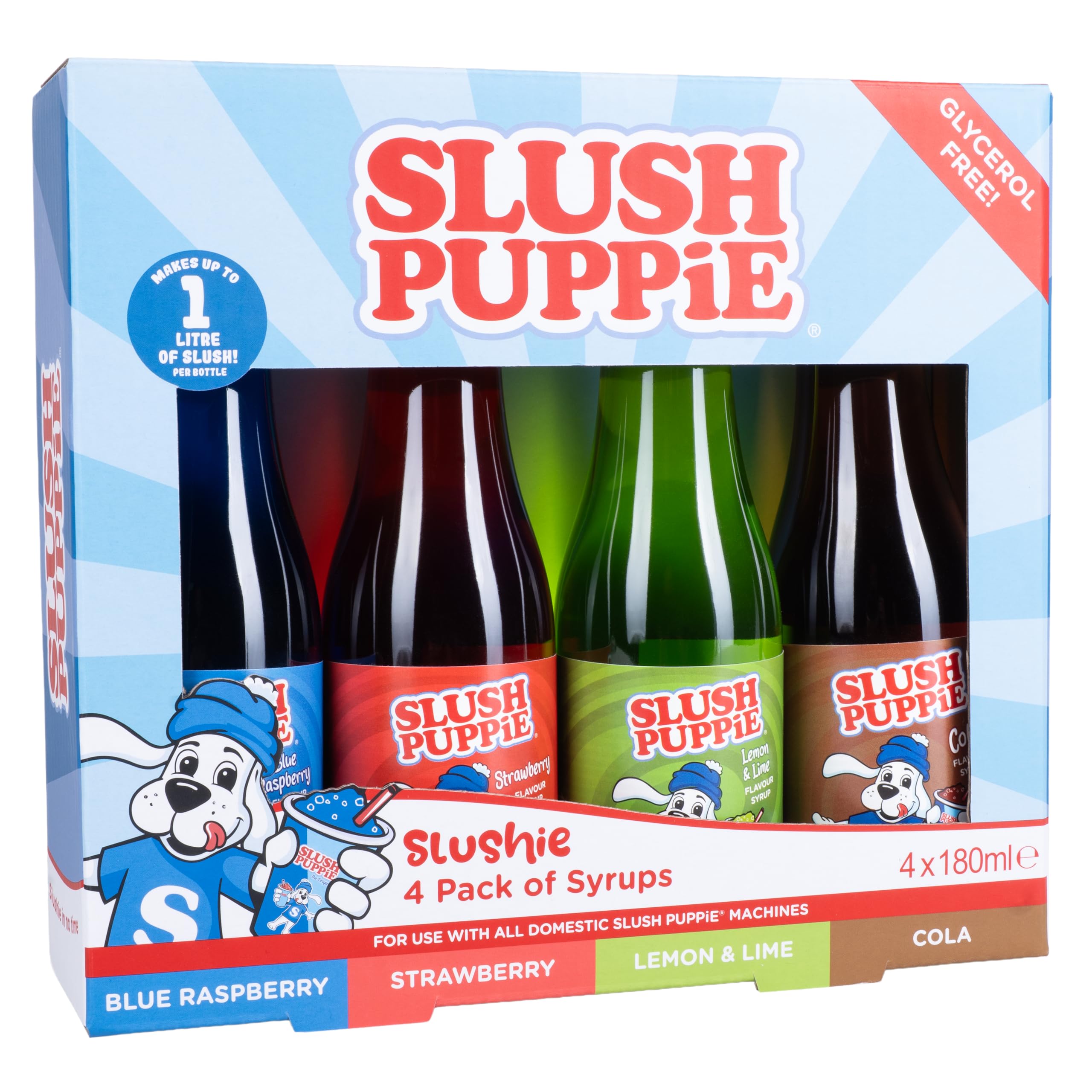 Zestaw syropów Slush Puppie 4 szt. 4 x 180 ml. Zawiera aromaty niebieskiej maliny, truskawki, coli i cytryny i limonki.