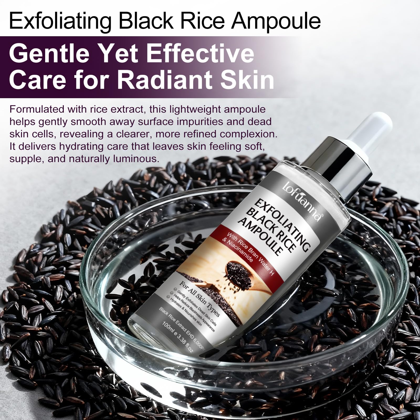 Black Rice Peeling Serum 100ml, Esfoliante Viso Delicato, Siero Esfoliante Riso Nero, Rimuove Cellule Morte e Punti Neri, Minimizza Pori, Niacinamide & Estratto di Riso Nero, Pelle Luminosa e Liscia