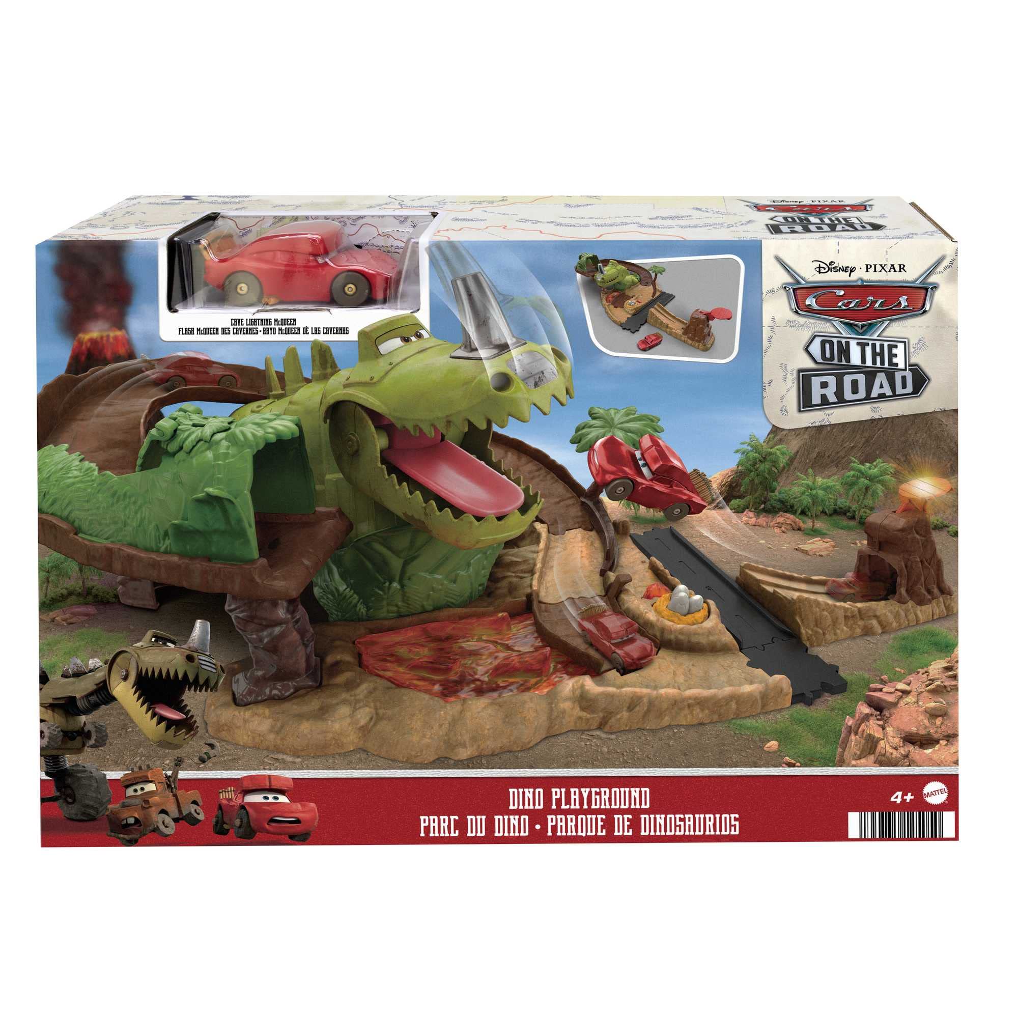 Mattel Disney Pixar Cars On The Road - Set Parco dei Dinosauri, playset con macchinina Saetta McQueen, un dinosauro e azione attivabile, giocattolo per bambini, 4+ anni, HNL99