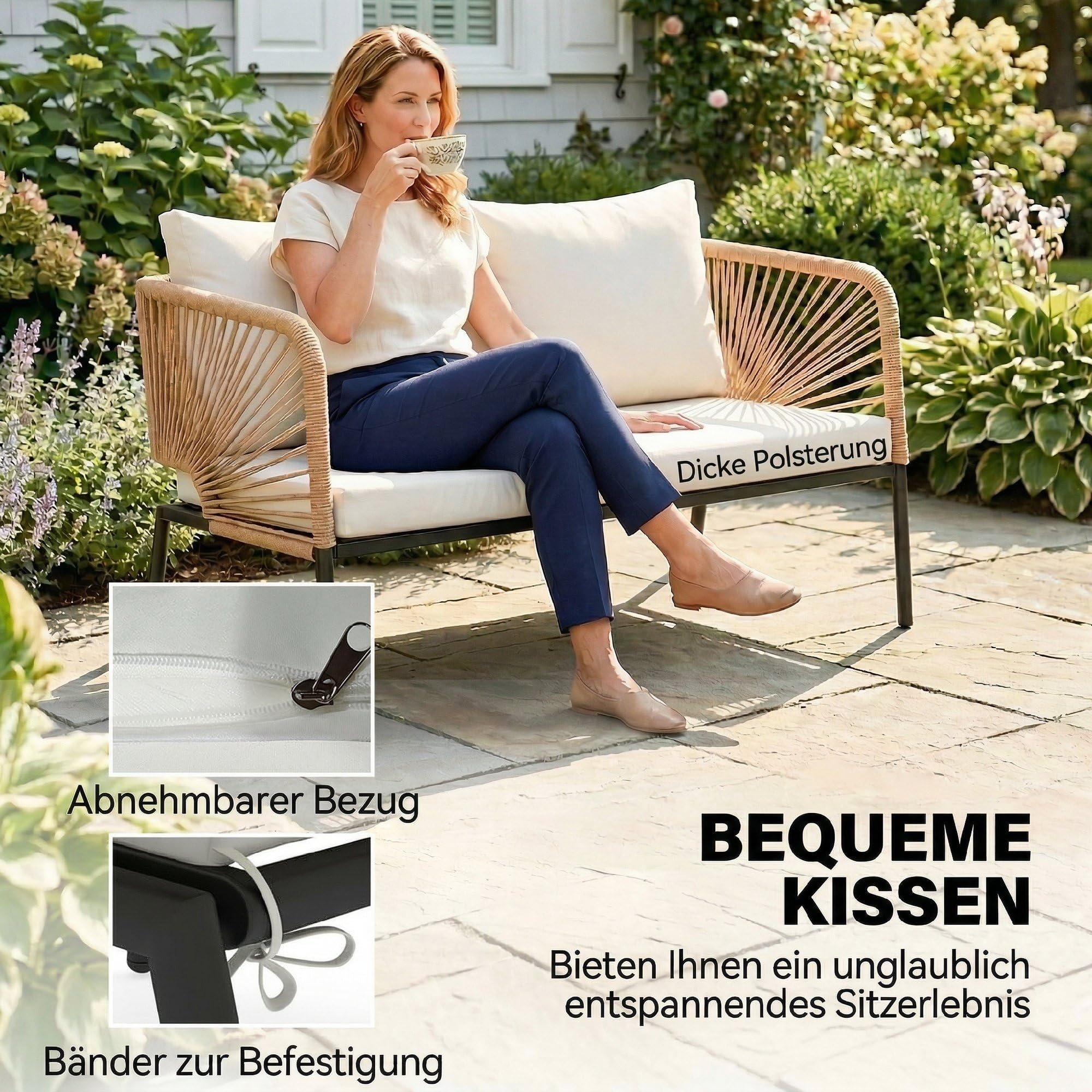 Outsunny Gartenmöbel Set Rattan Sitzgruppe für 4 Personen 2er Sofa Weiß | Gartenlounge, 2 Sessel, Lamell-Tisch, Seilflecht, Waschbar Sitzkissen, Holzoptik, Outdoor Balkonmöbel