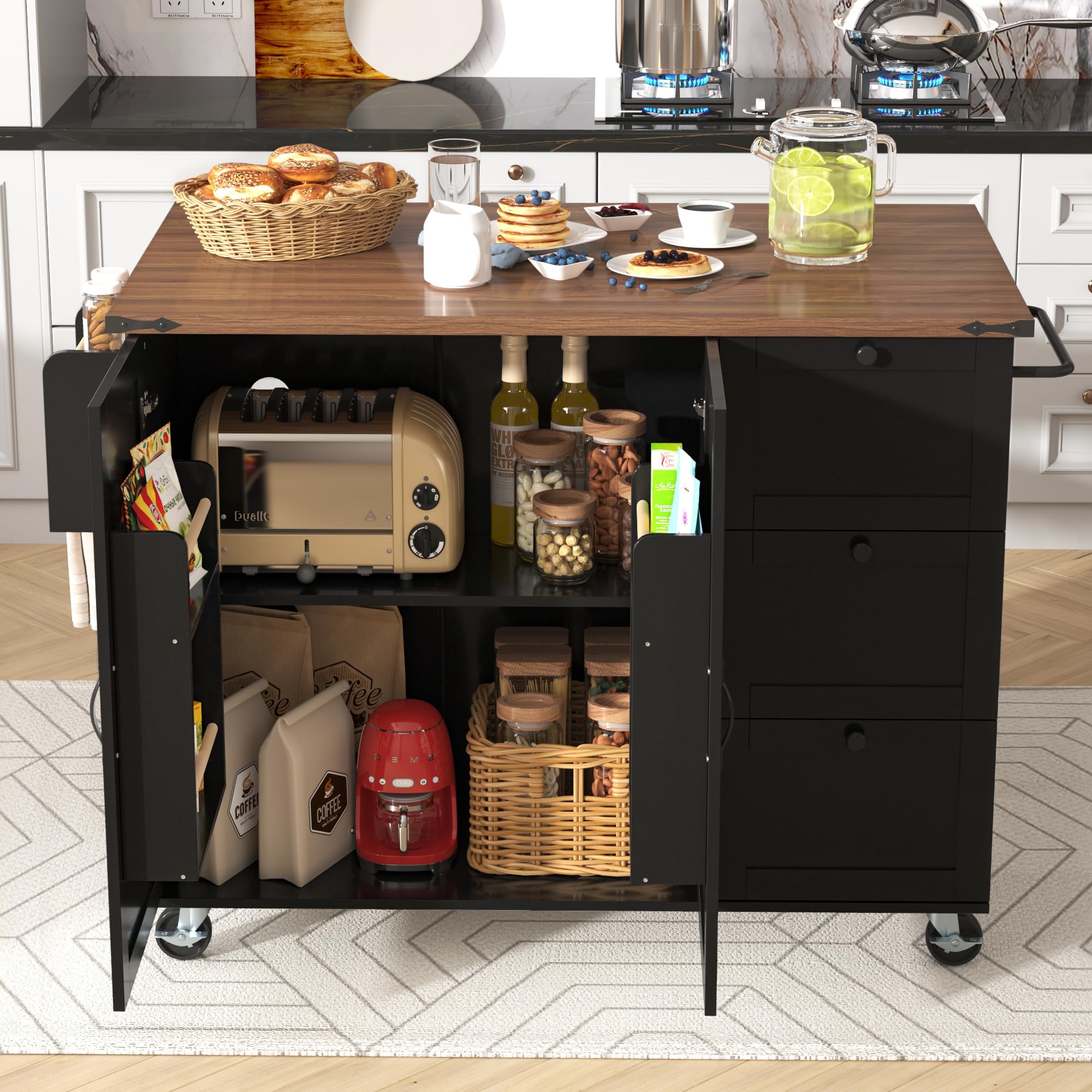 Isola da cucina, carrello da portata con piano di lavoro estraibile, mobile da cucina, carrello da cucina con venature del legno, carrello da pranzo con due ante e tre cassetti (nero)
