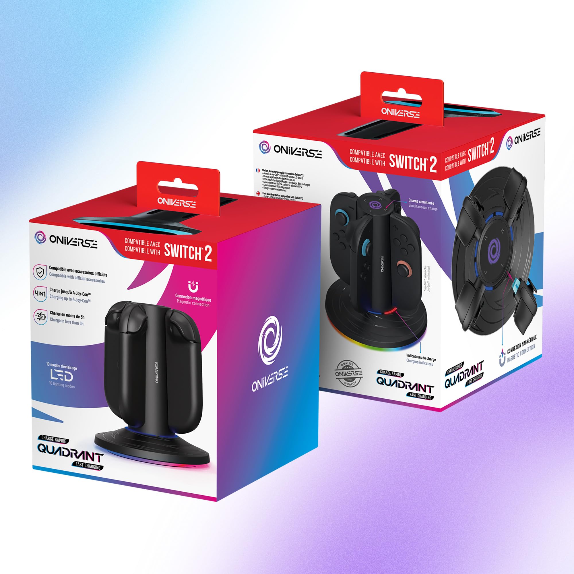 Oniverse Joy-Con Ladegerät für Switch 2 - Schnelllade-Station für 4 Joy-Cons kompatibel mit Nintendo Switch 2, USB-C Stromversorgung, Rote/Blau LED-Anzeigen, Zubehör mit 10 Beleuchtungsmodi
