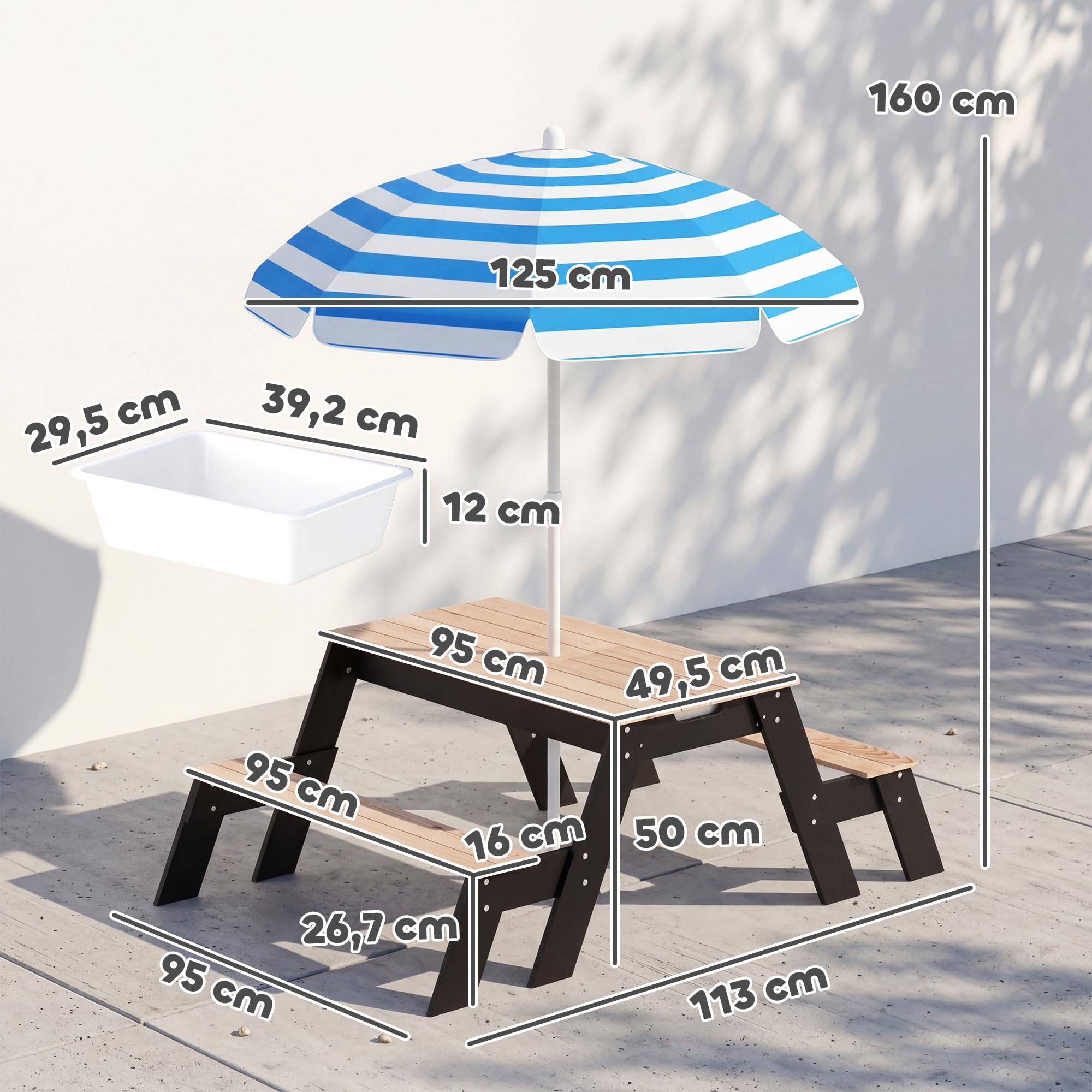AIYAPLAY Tavolo da picnic per bambini con sabbiera e ombrellone, 3-6 anni | Tavolo 3-in-1 in legno, sabbia e acqua, 2 cassetti nascosti, legno naturale, mobili giardino bambini, patio, giardino