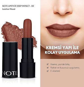 Note Cosmetics Deep Impact Lipstick 05 Leather Mood Kremsi Dokulu Yarı Parlak Ruj, Kahverengi