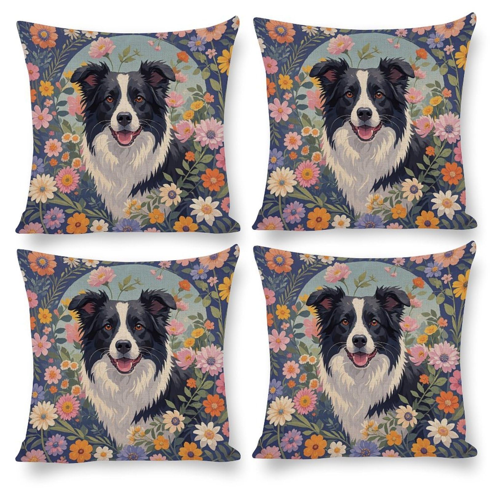 Housse de coussin Border Collie floral carrée 45x45 cm pour décoration salon
