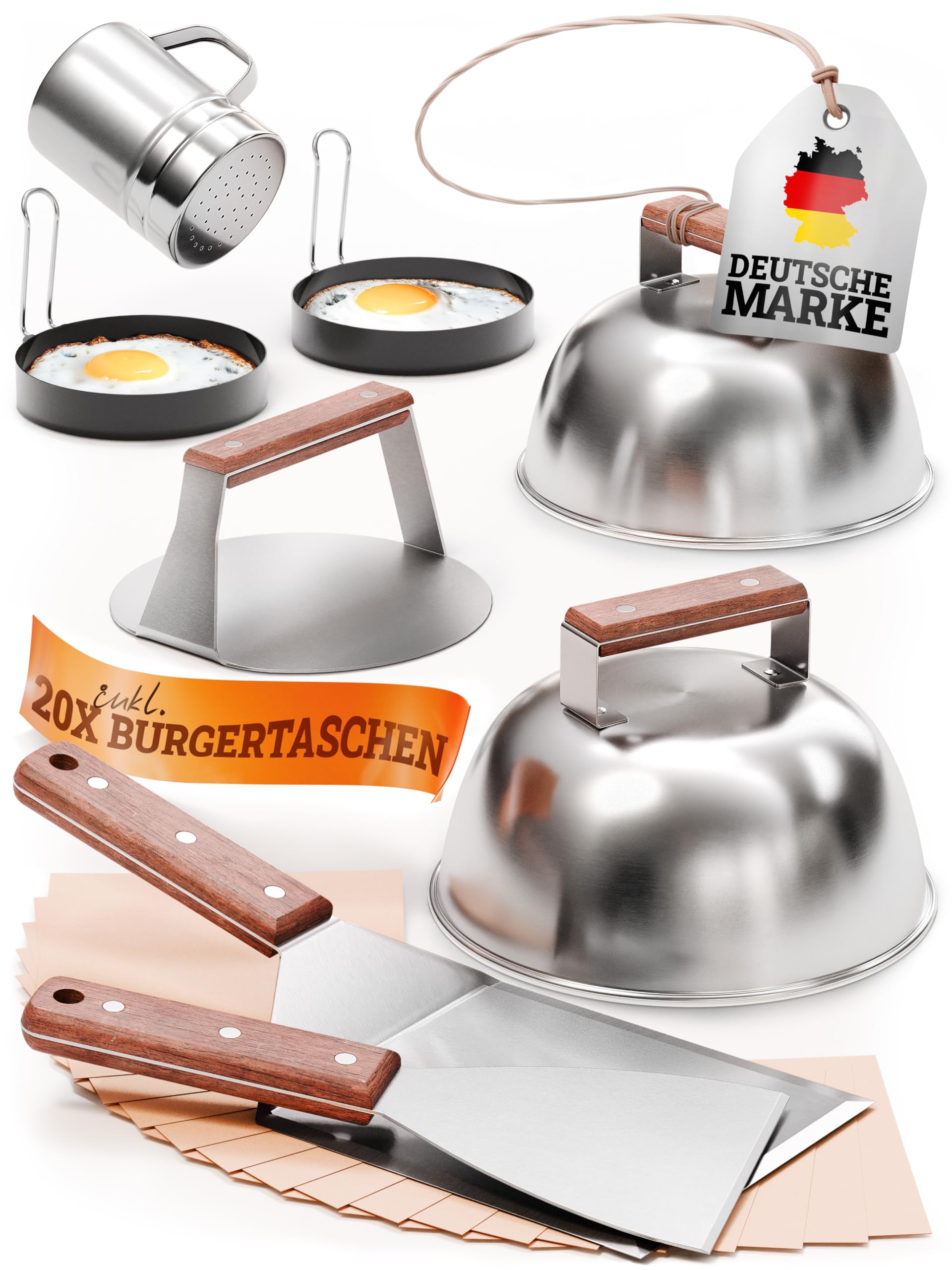 LIKAYA® Smash Burger Master-Set XXL [9-TLG.] Edelstahl mit Akazienholz-Griffen für Plancha, Grillplatte, Gasgrill & Feuerplatte | 1x Smasher, 2X Burgerglocke, 1x Grillspachtel, 1x Grillwender & mehr