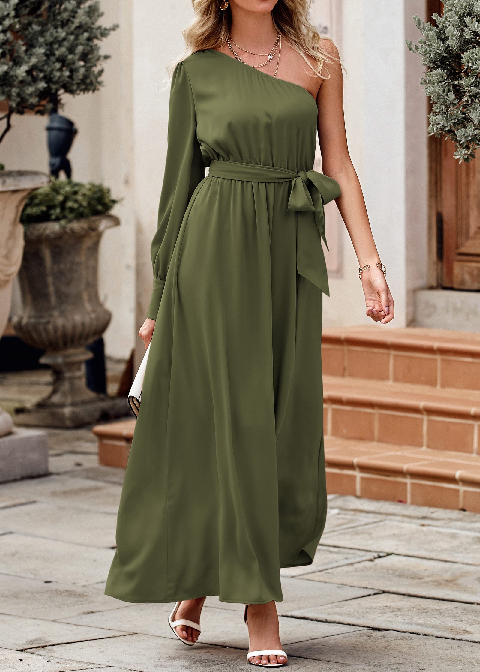 KIRUNDO Women's Satin Long Sleeve One Shoulder Maxi Dress Asymmetrical Tie Waist Slit Party Cocktail Long Formal Prom Dress (Olive Green, X-Large)