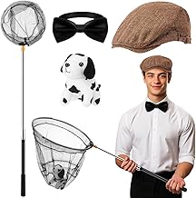 Preboun 4 Pcs Halloween Dalmatian Catcher Costume Kit Include Plush Dalmatian Dog Flat Hat Collapsible Net Black Bowtie for Adult Men Cosplay Party