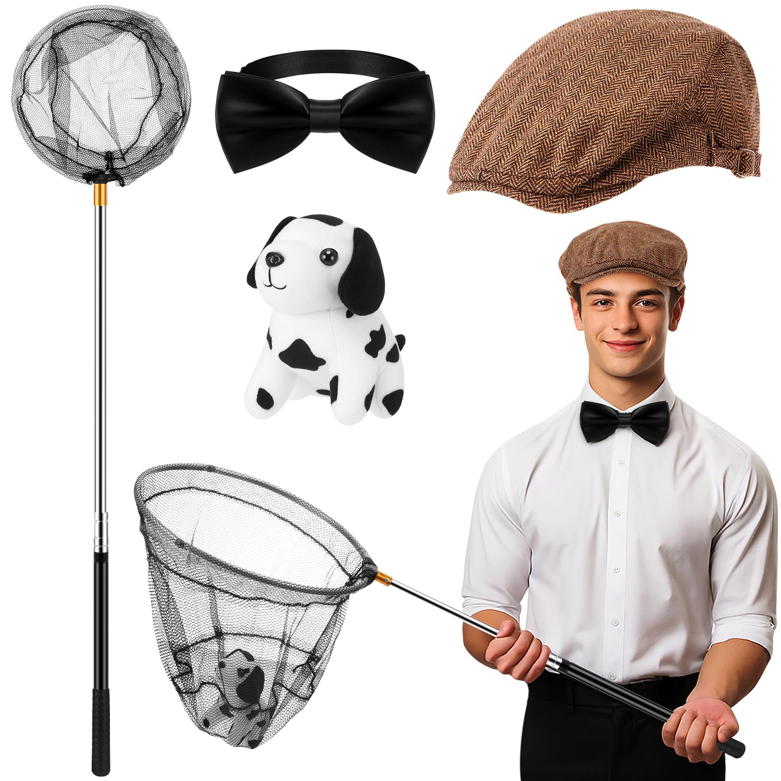 Preboun 4 Pcs Halloween Dalmatian Catcher Costume Kit Include Plush Dalmatian Dog Flat Hat Collapsible Net Black Bowtie for Adult Men Cosplay Party