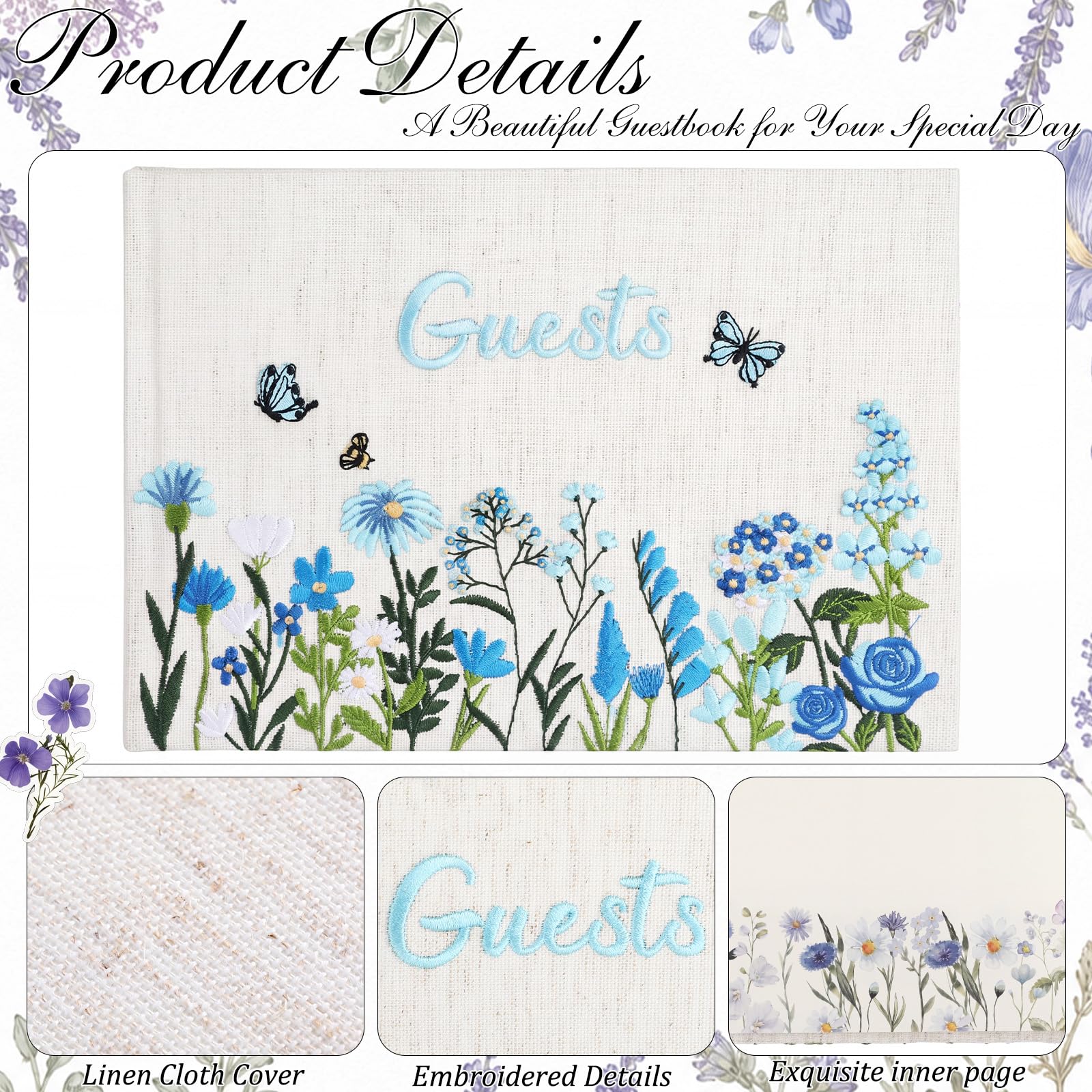 Ctosree Hochzeits-Gästebuch mit Stiften Wildblumen, besticktes Stoff-Fotoalbum, Hardcover, Gästebuch, Hochzeitsempfang für Babyparty, Party, Brautparty (Blau, 21,6 x 15,2 cm)