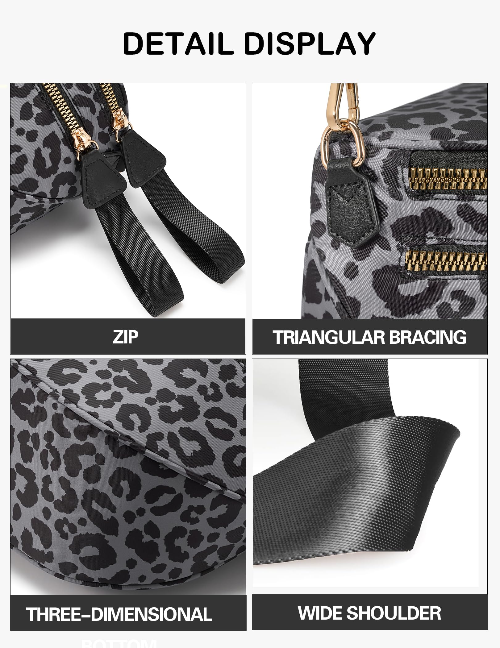 FEIBOON Spacious Nylon Crossbody Bag Bum Bag Handbags Wallets Purses Trendy Shoulder Bag for Women (Black and gray leopard) view 6