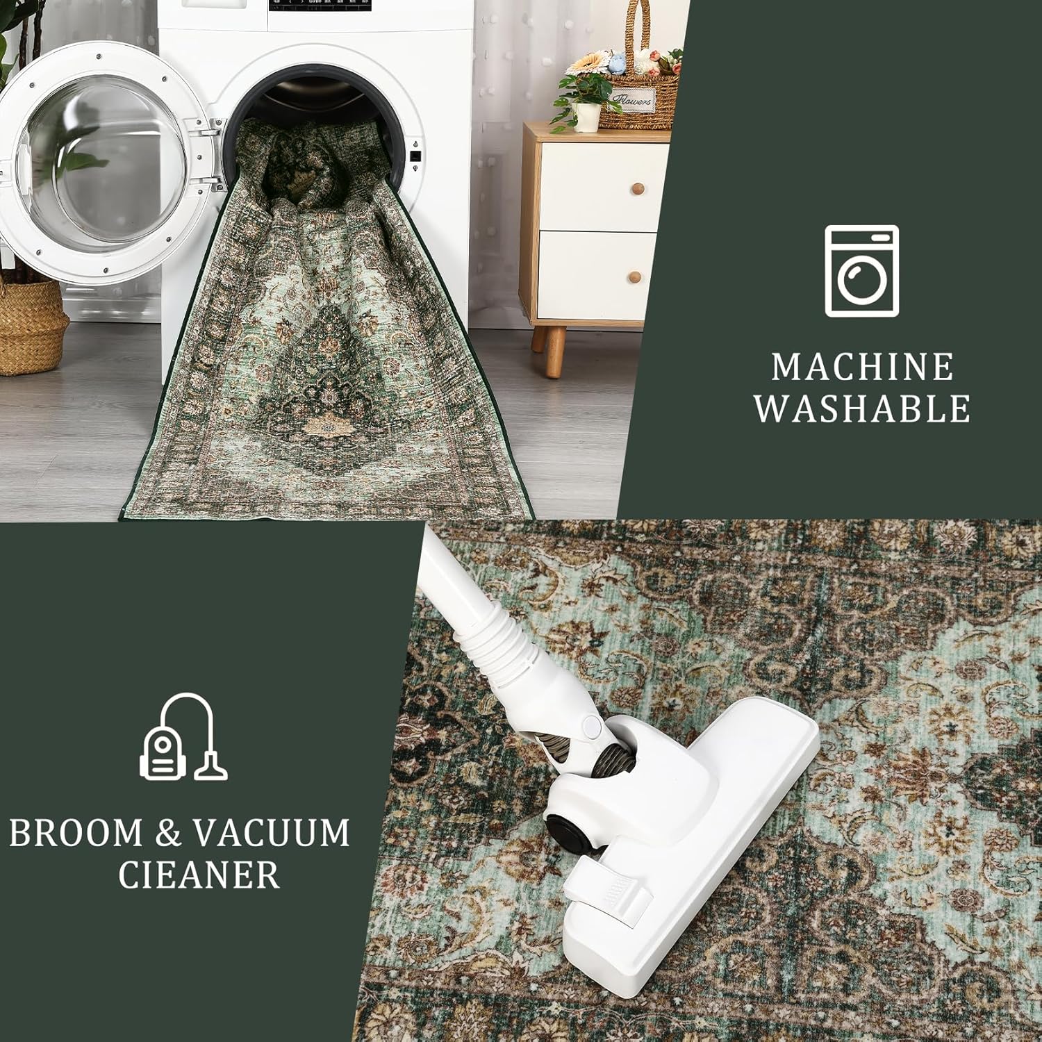 Green Floral 2' x 6' Washable Non-Slip Runner Rug