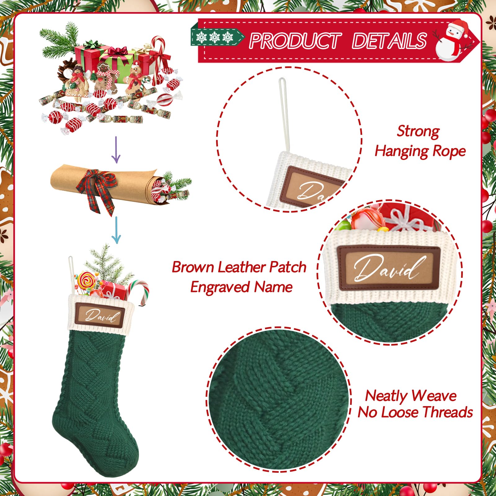 Dremisland Lot de 4 Chaussette de Noël personnalisée 46 cm Tricotés de Bas de Noël Classiques à Carreaux Grand Decorative Chaussettes Noel de Cheminée à Suspendre Xmas Sac Cadeau Sac de Bonbons