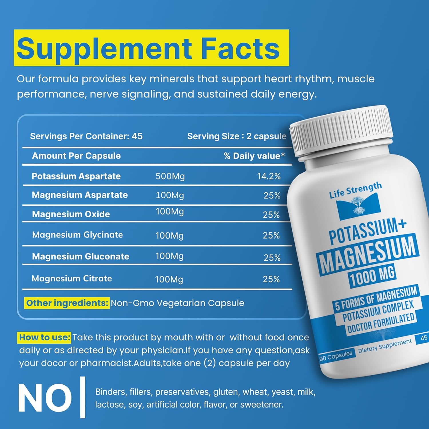 Life Strength Potassium Magnesium Supplement 1000mg (90 Caps) – Potassium Magnesium Complex with Aspartate, Glycinate, Oxide, Gluconate & Citrate – Muscle, Heart & Electrolyte Support - 45-Day Supply