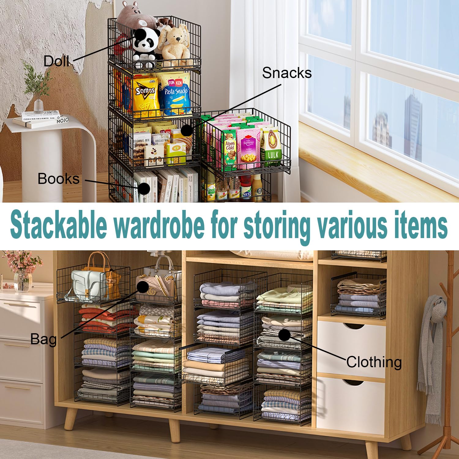 6 Stück Ordnungssystem Kleiderschrank，Schrank Organizer Kleiderschrank, Regal Metall Schrank Faltbare Aufbewahrung,Stapelbare Aufbewahrungsbehälter für Schrank für Garderobe,Wohnzimmer,Waschküche