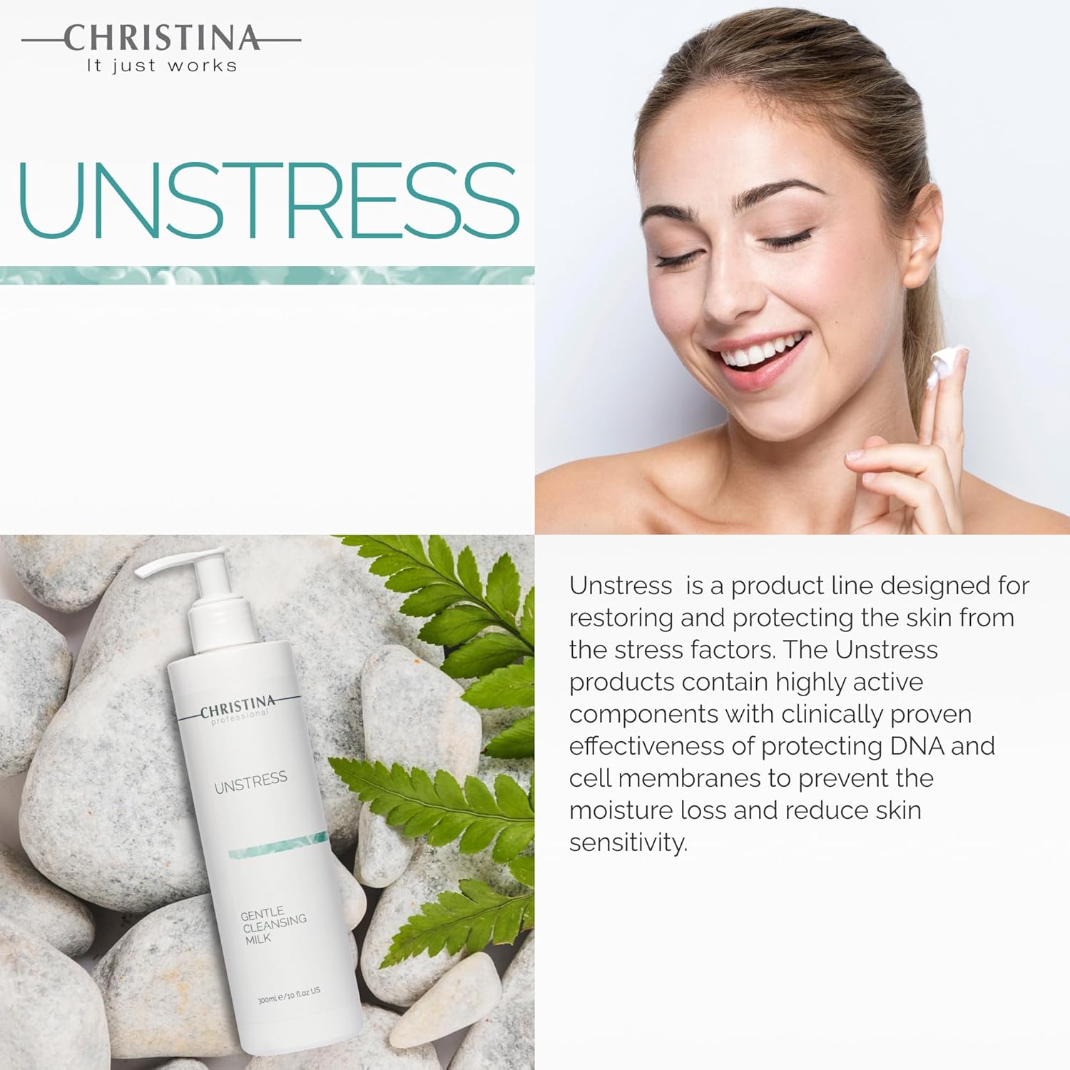 Christina Unstress Soap-Free Gentle Cleansing Milk Makeup Remover for Face & Eyes - 300 ml - Calendula, Vitamin E and Centheal Soap-Free Cleanser - Safe for All Skin Types - Image 6