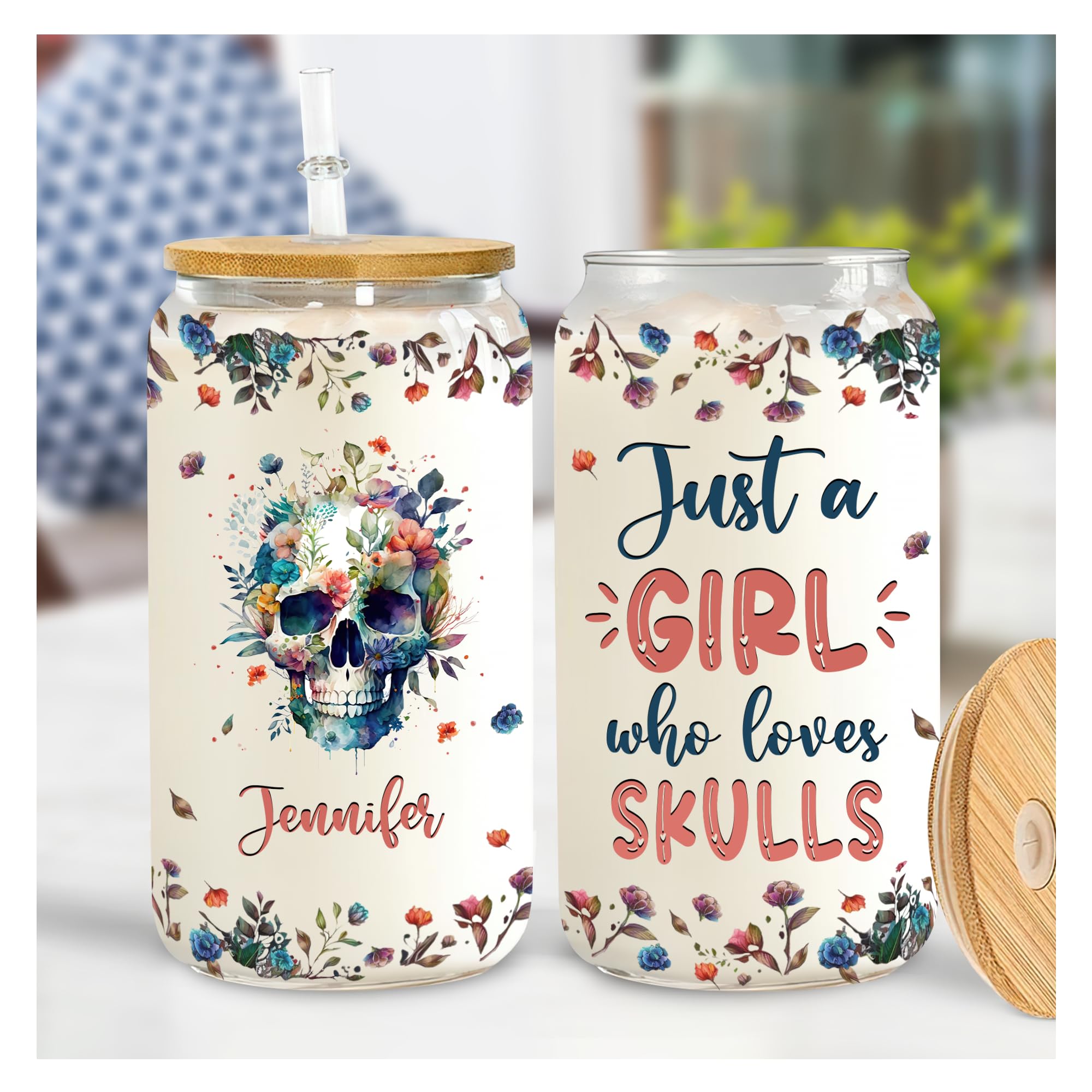 Hyturtle Personalized Glass Can Cup Gifts For Skull Lovers - Custom Name Glass Cup 16 Oz For Her With Lids And Straws - Ideal Gothic Gifts For Women, Girls, Daughter On Birthday Christmas